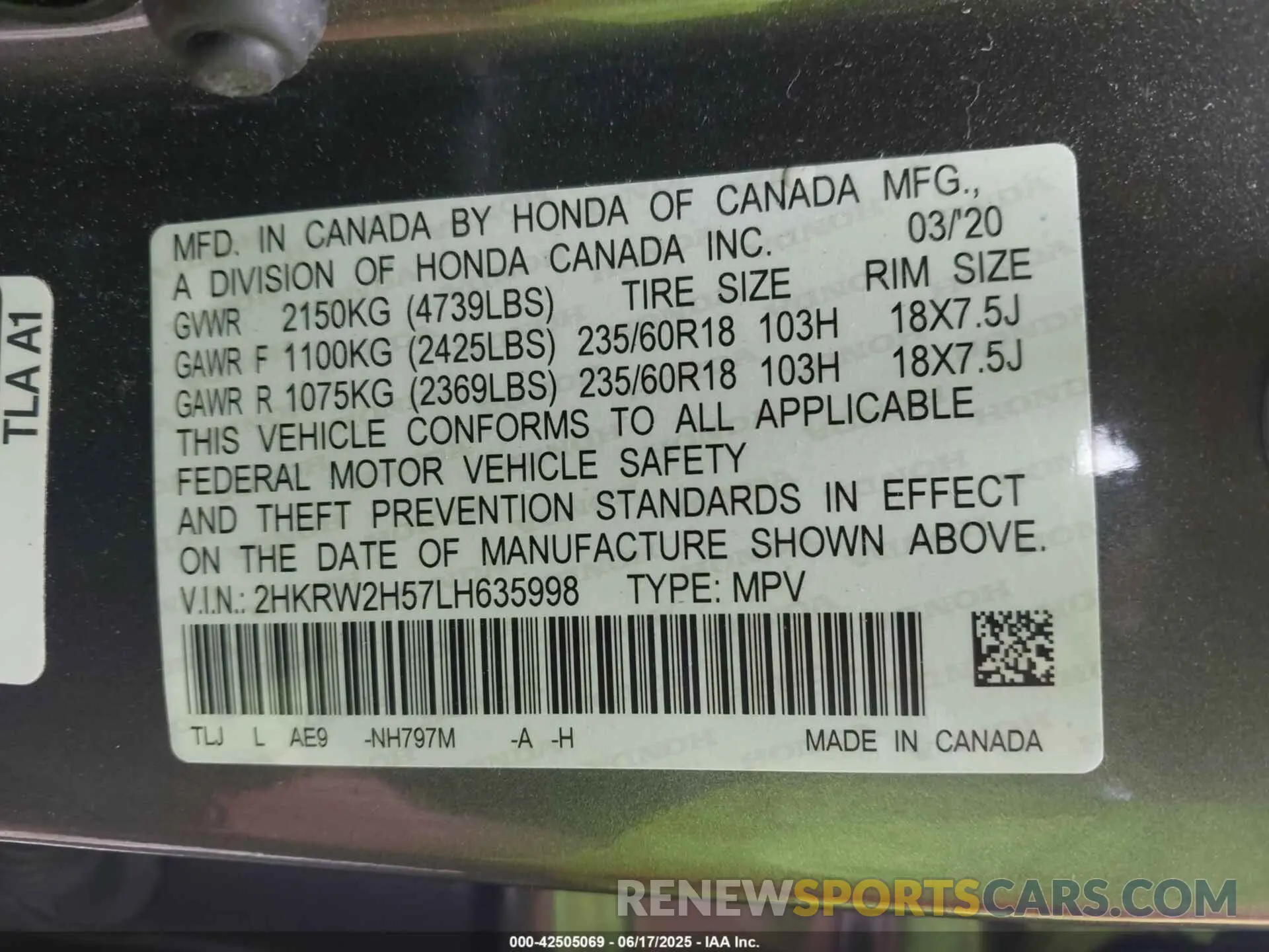 9 Photograph of a damaged car 2HKRW2H57LH635998 HONDA CR-V 2020