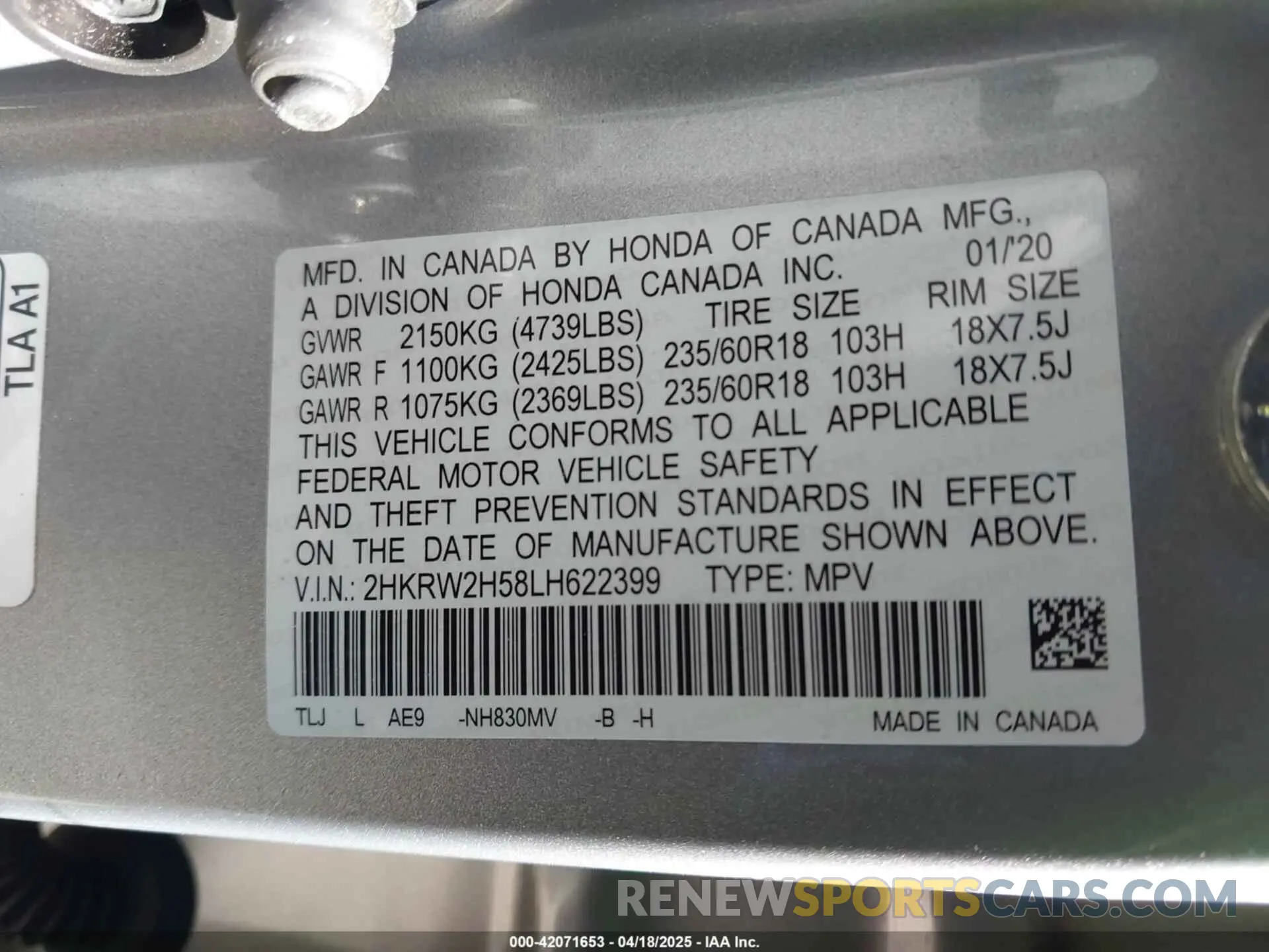 9 Photograph of a damaged car 2HKRW2H58LH622399 HONDA CR-V 2020