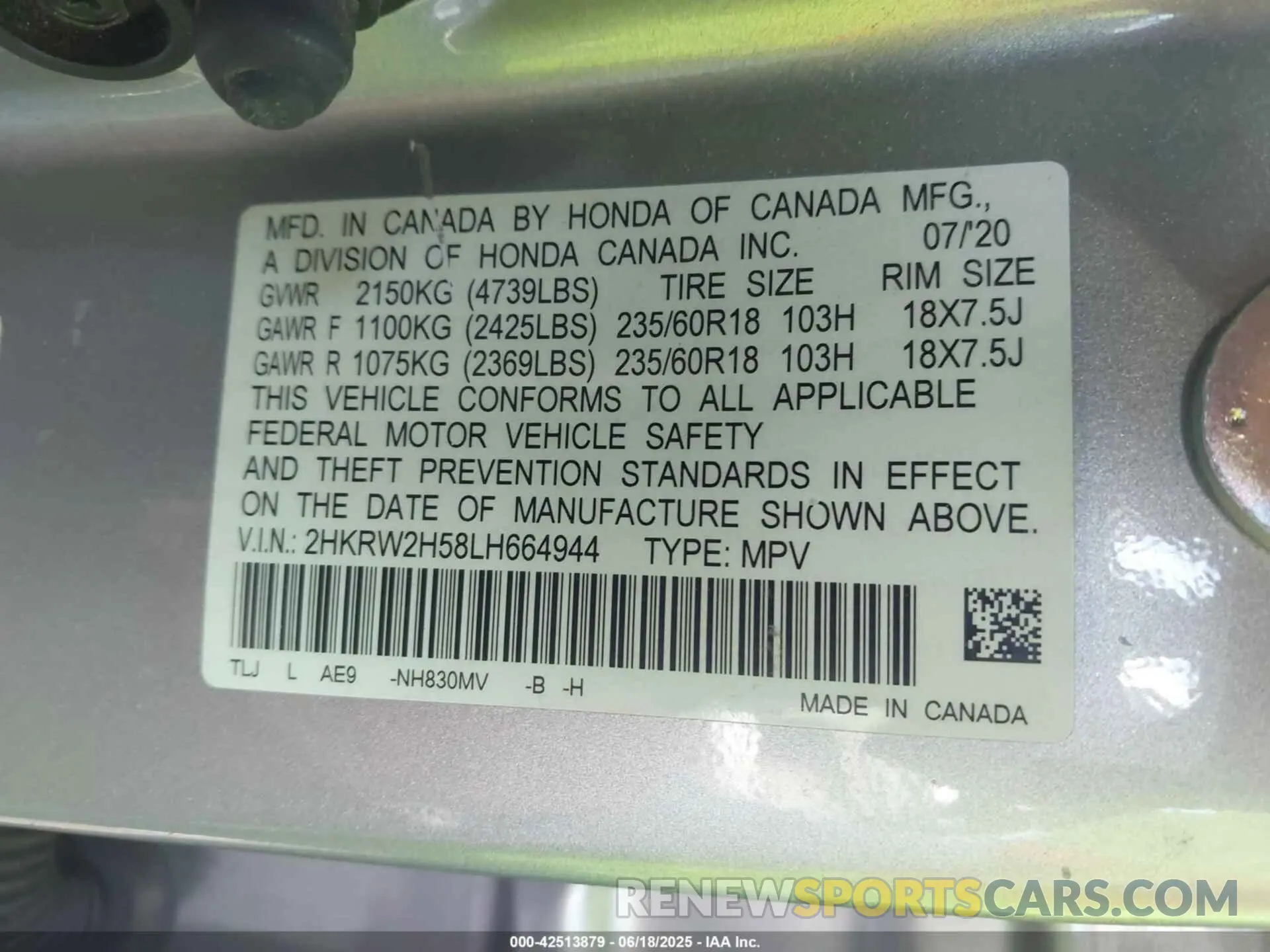 9 Photograph of a damaged car 2HKRW2H58LH664944 HONDA CR-V 2020