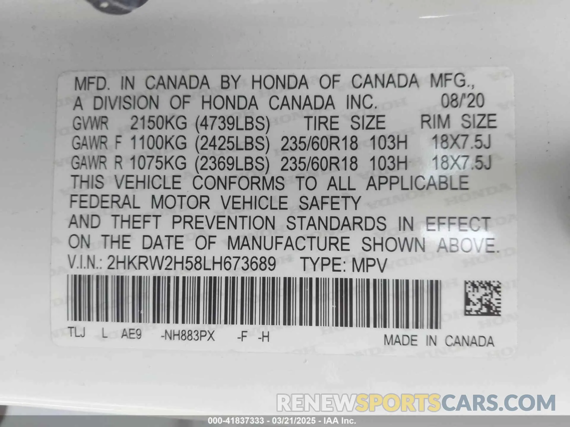 9 Photograph of a damaged car 2HKRW2H58LH673689 HONDA CR-V 2020