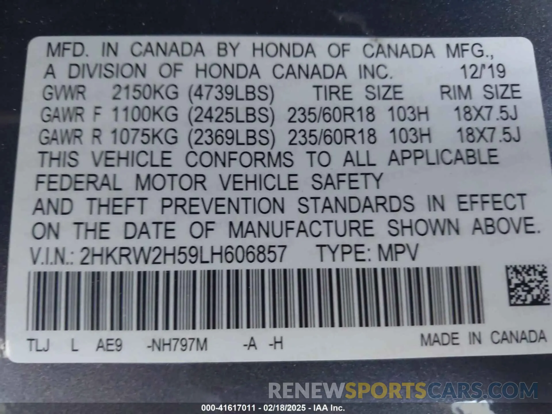 9 Photograph of a damaged car 2HKRW2H59LH606857 HONDA CR-V 2020