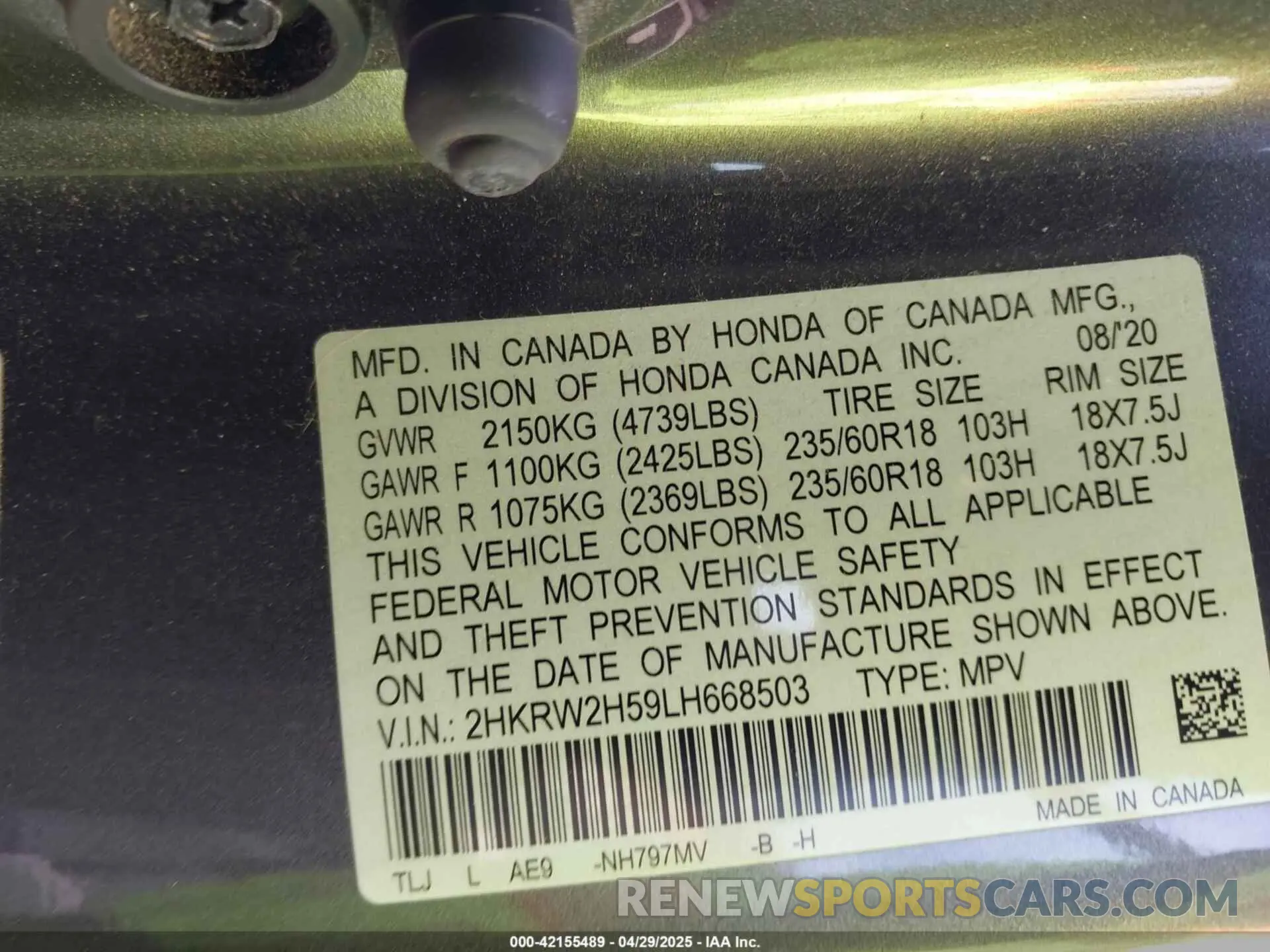 9 Photograph of a damaged car 2HKRW2H59LH668503 HONDA CR-V 2020
