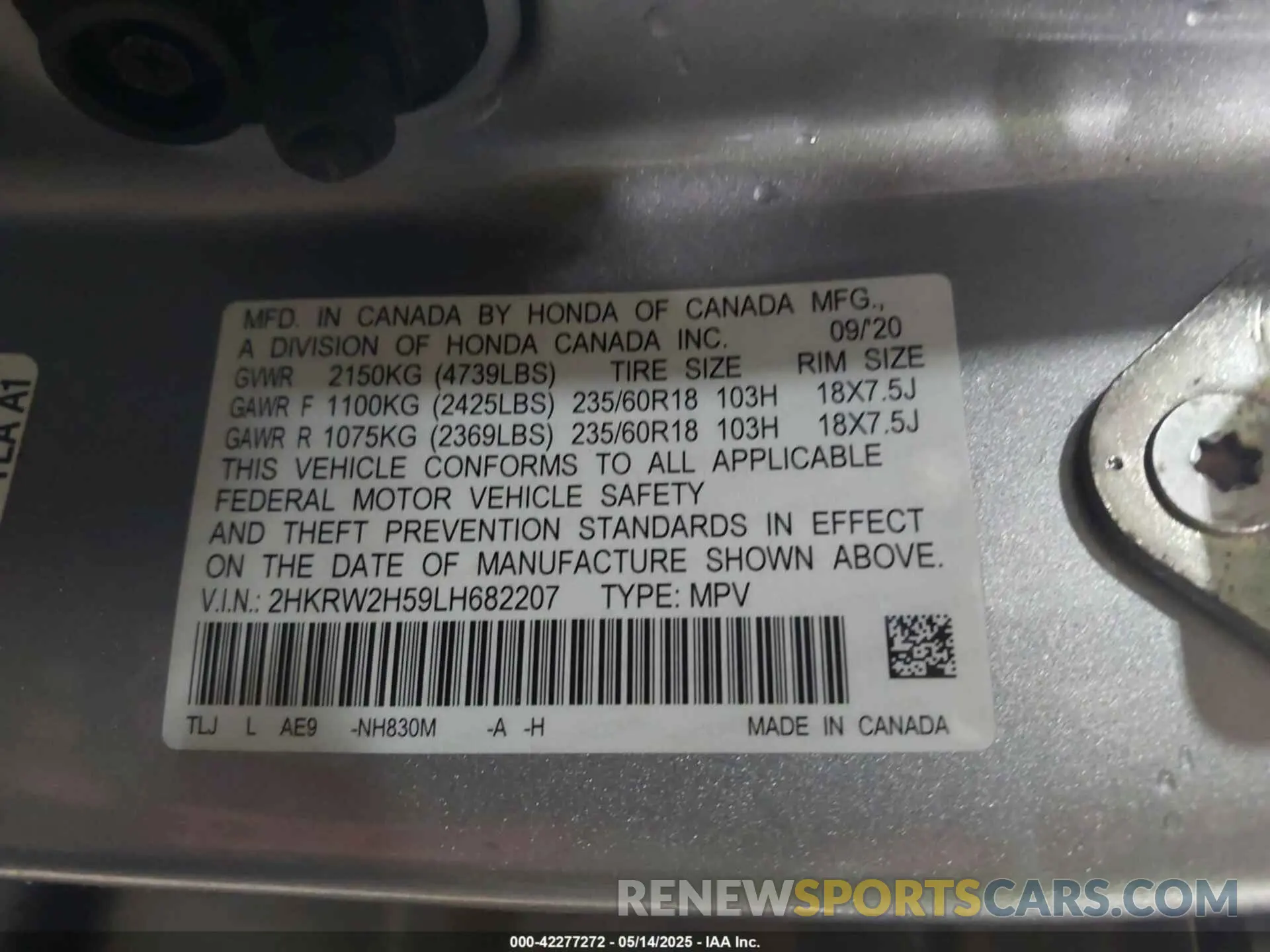 9 Photograph of a damaged car 2HKRW2H59LH682207 HONDA CR-V 2020
