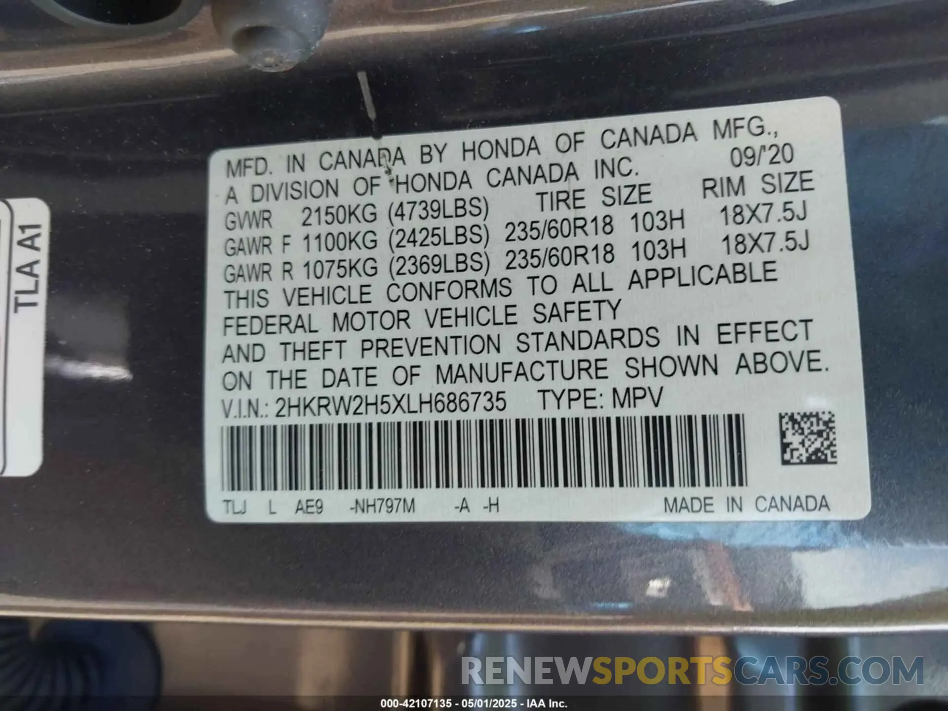 9 Photograph of a damaged car 2HKRW2H5XLH686735 HONDA CR-V 2020