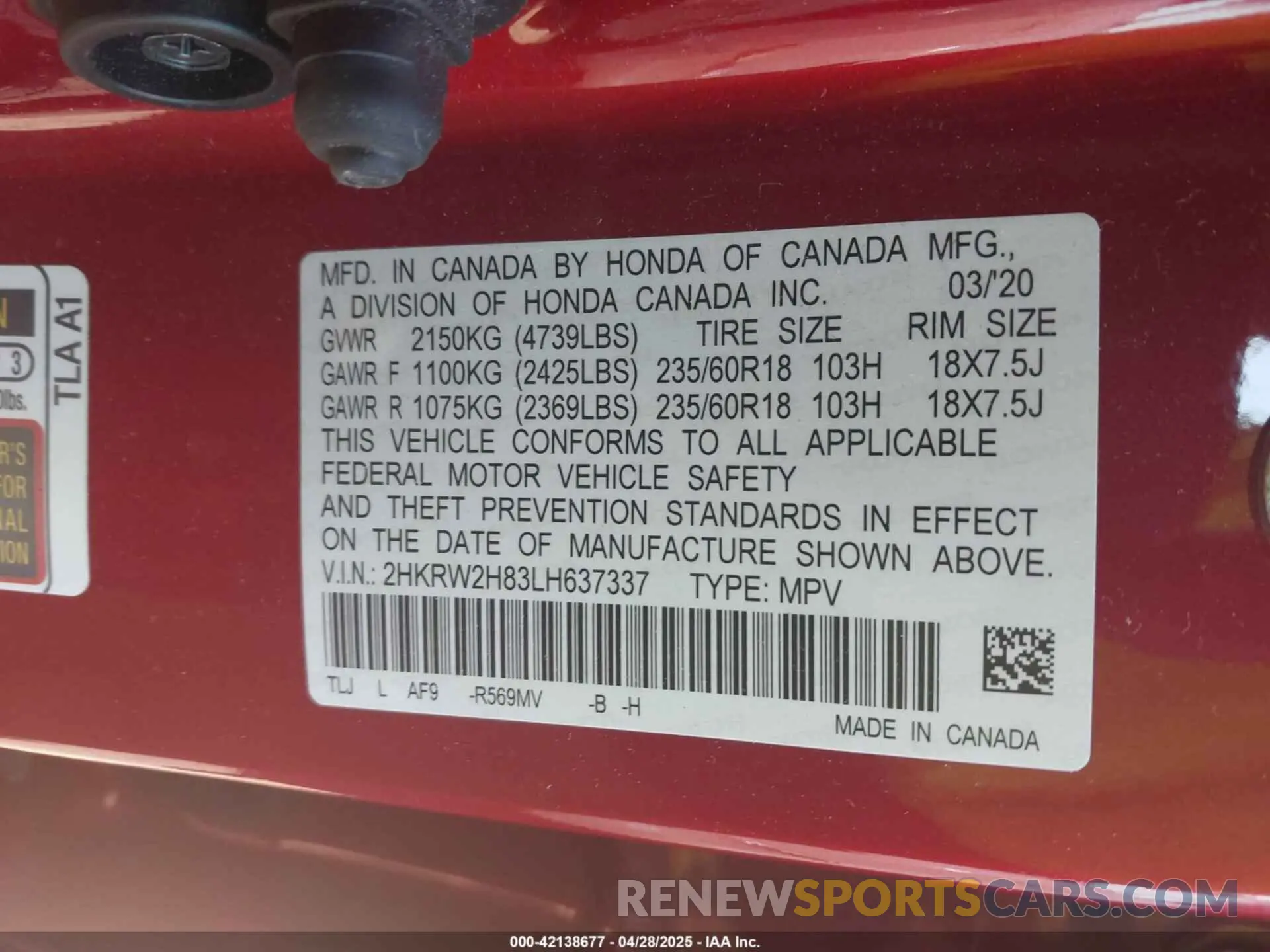 9 Photograph of a damaged car 2HKRW2H83LH637337 HONDA CR-V 2020