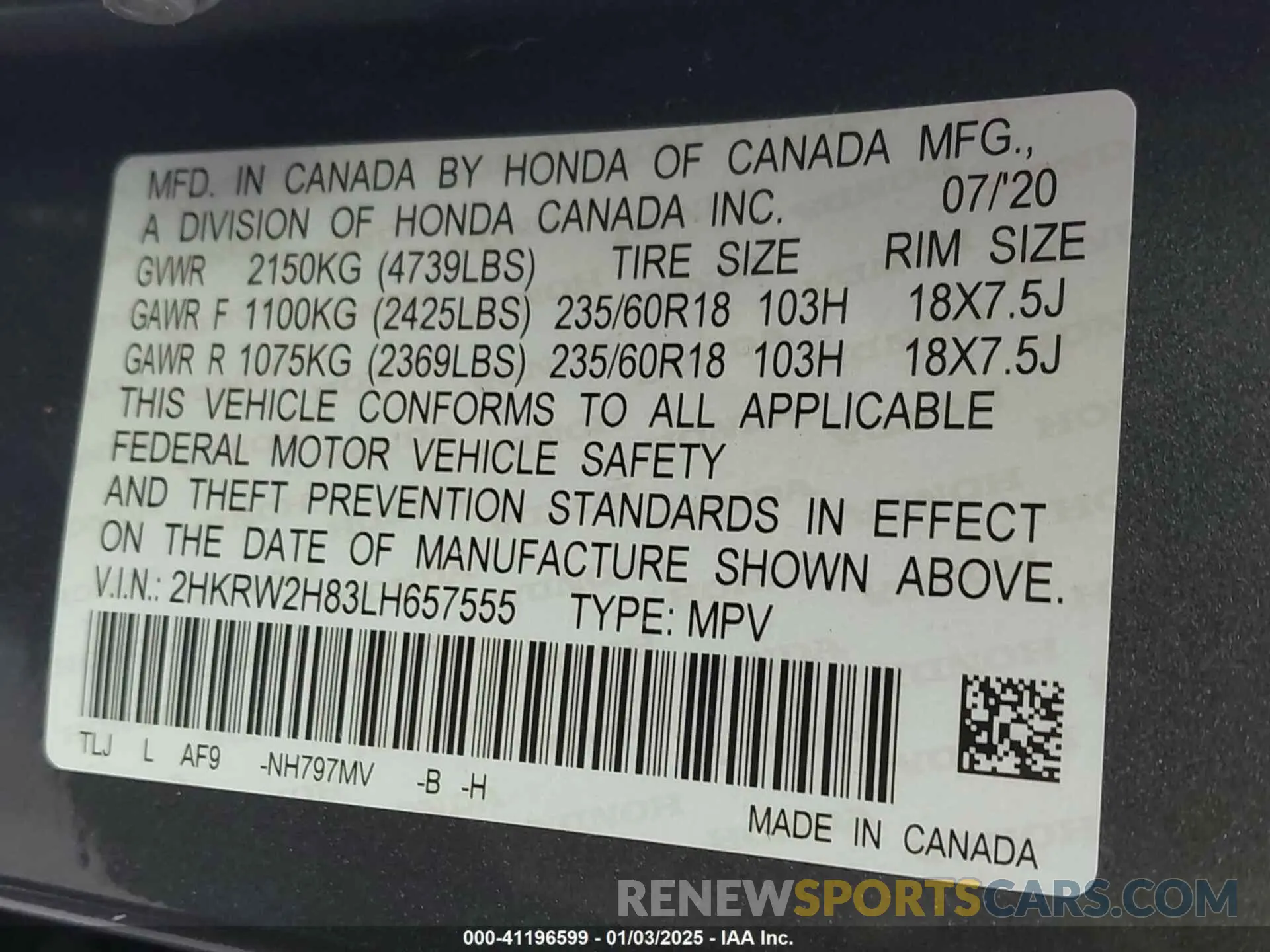 9 Photograph of a damaged car 2HKRW2H83LH657555 HONDA CR-V 2020