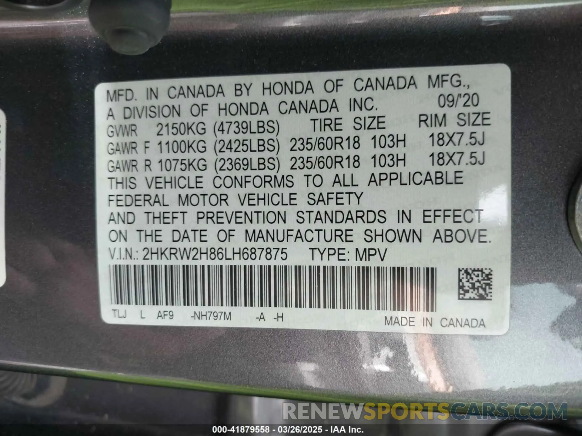 9 Photograph of a damaged car 2HKRW2H86LH687875 HONDA CR-V 2020