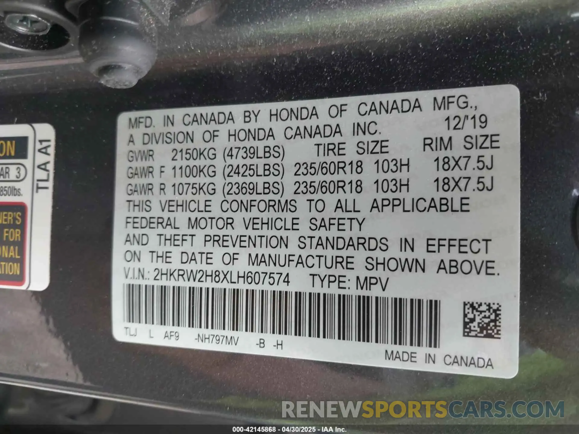 9 Photograph of a damaged car 2HKRW2H8XLH607574 HONDA CR-V 2020
