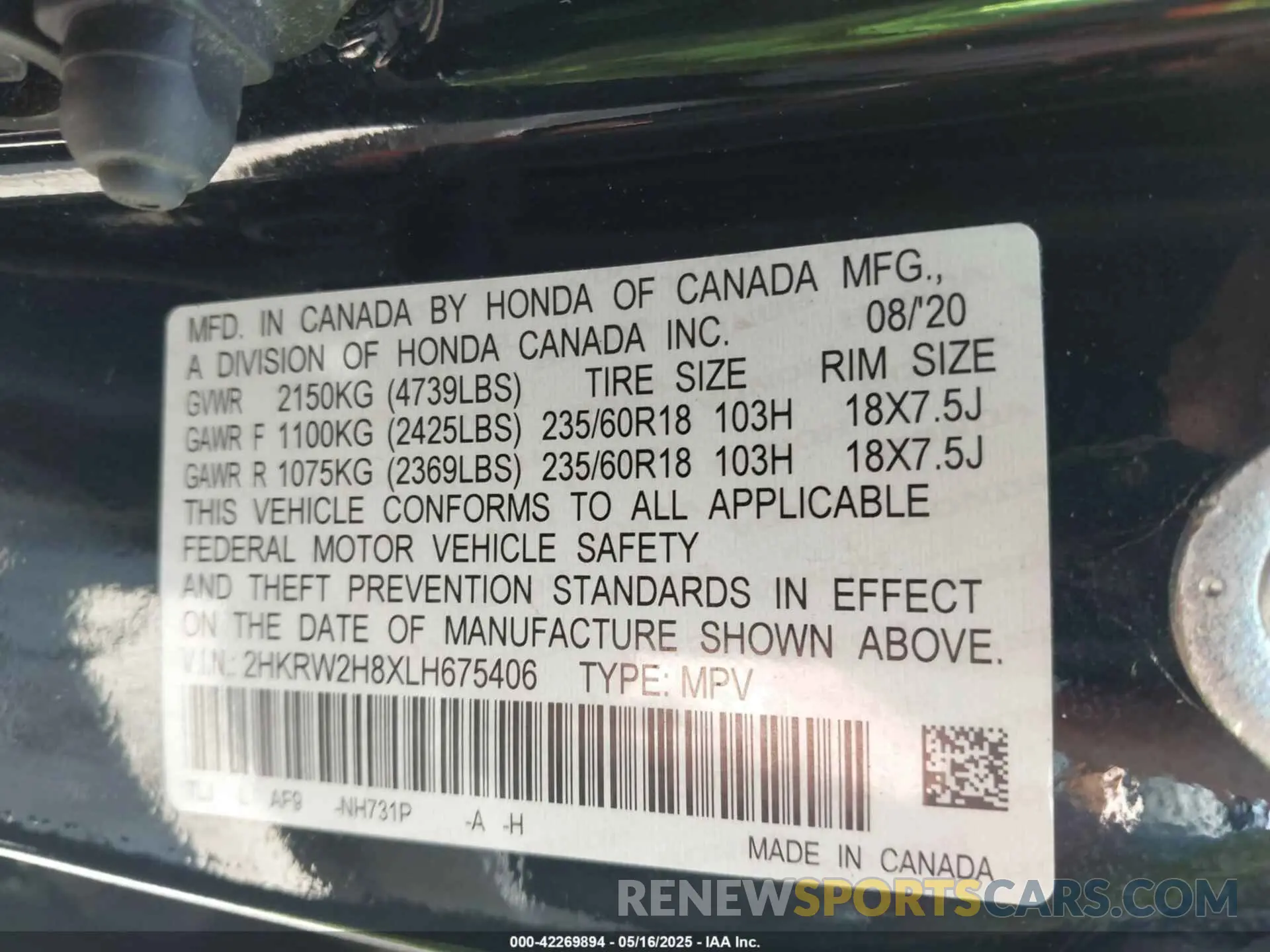 9 Photograph of a damaged car 2HKRW2H8XLH675406 HONDA CR-V 2020