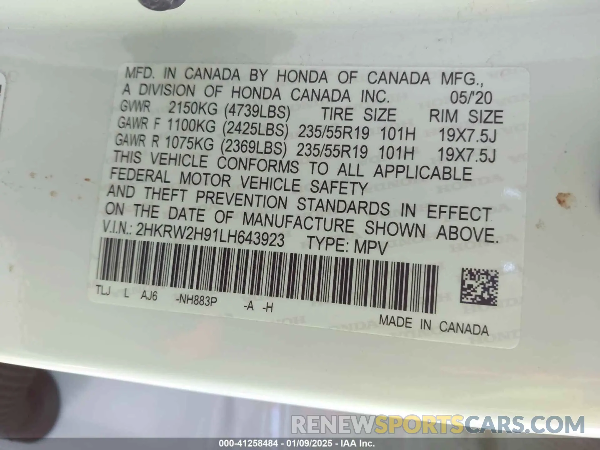 9 Photograph of a damaged car 2HKRW2H91LH643923 HONDA CR-V 2020