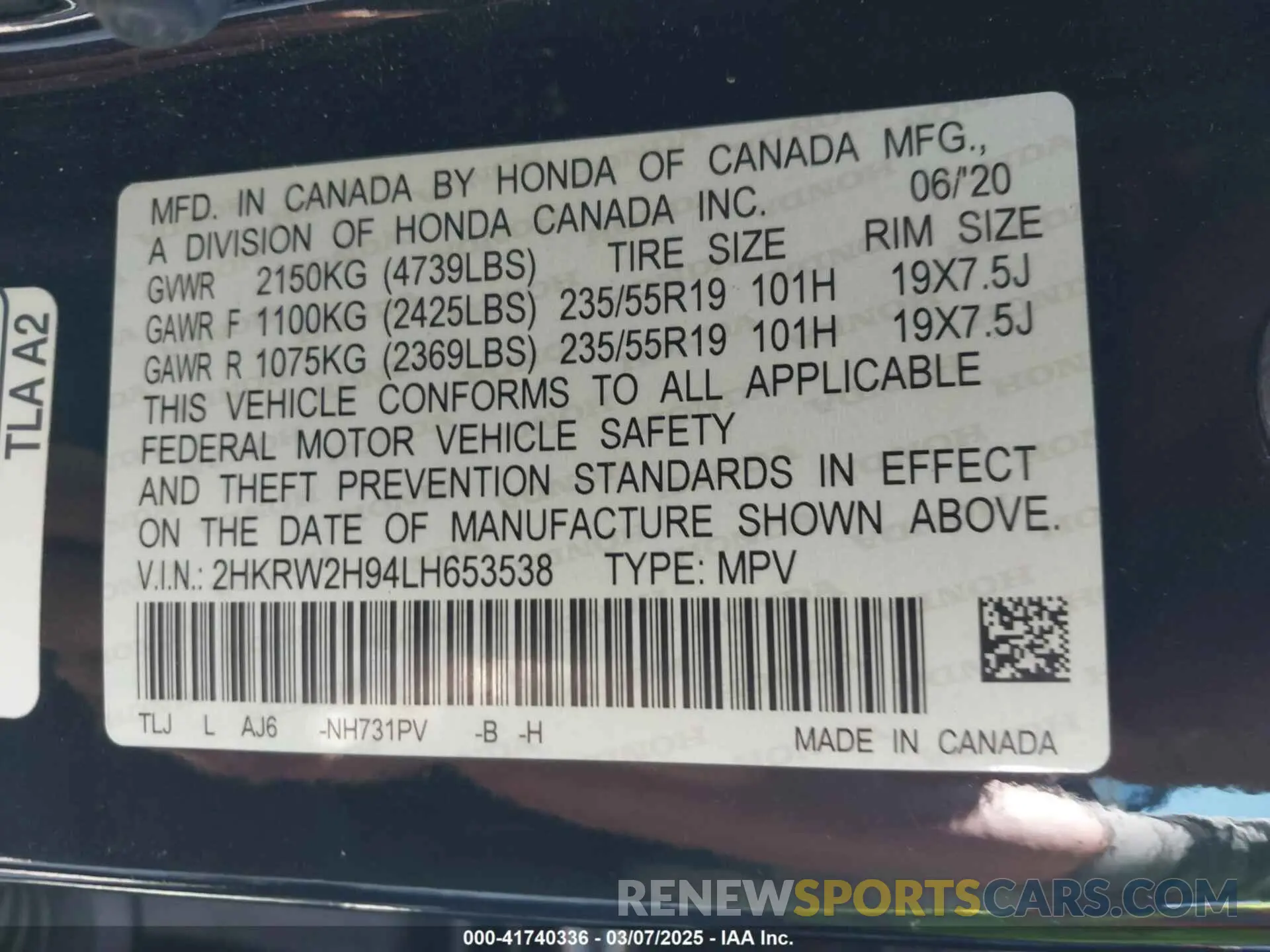 9 Photograph of a damaged car 2HKRW2H94LH653538 HONDA CR-V 2020