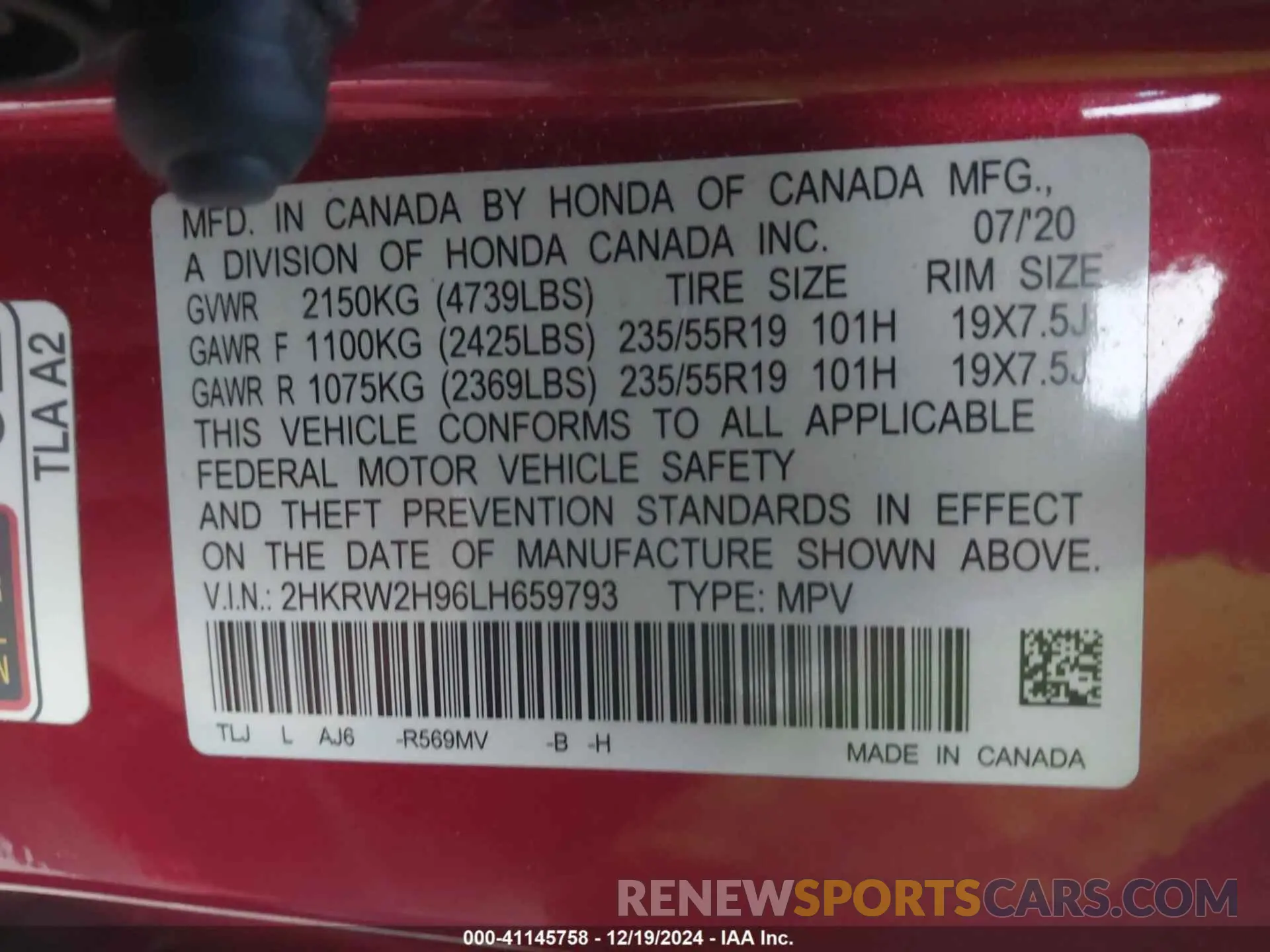 9 Photograph of a damaged car 2HKRW2H96LH659793 HONDA CR-V 2020