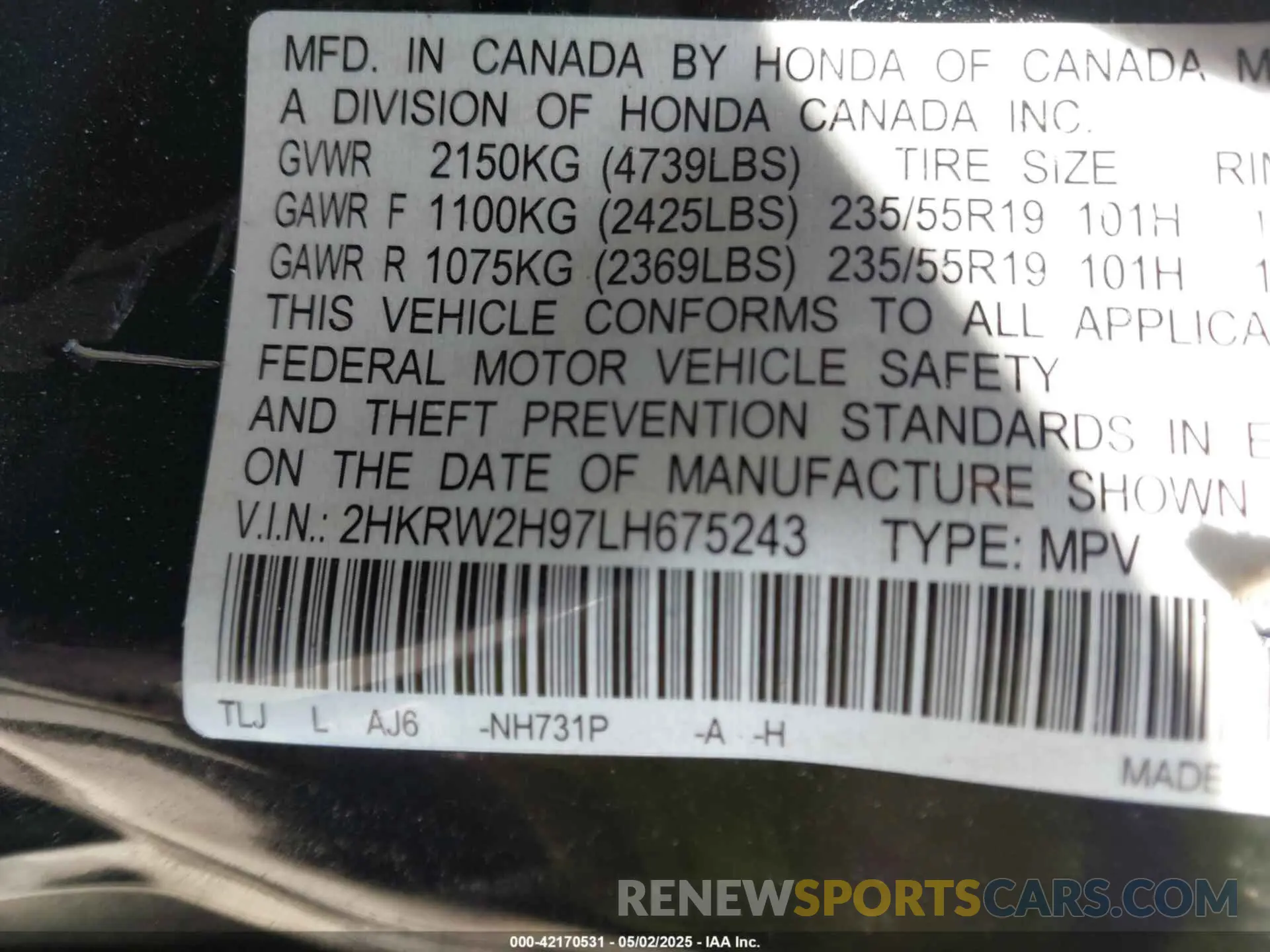 9 Photograph of a damaged car 2HKRW2H97LH675243 HONDA CR-V 2020