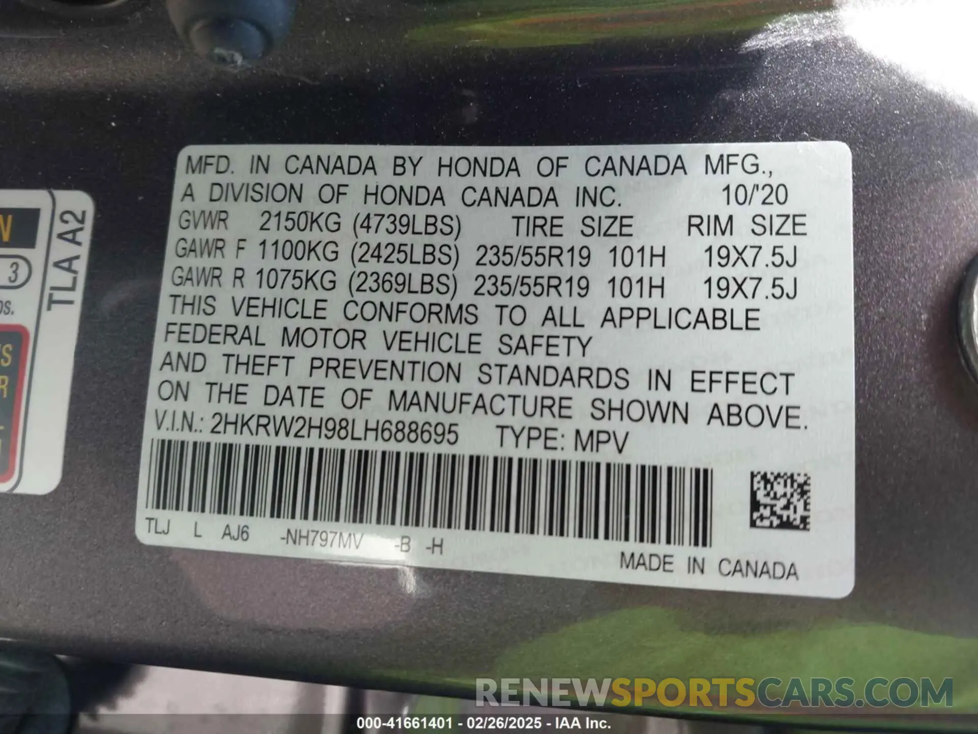 9 Photograph of a damaged car 2HKRW2H98LH688695 HONDA CR-V 2020