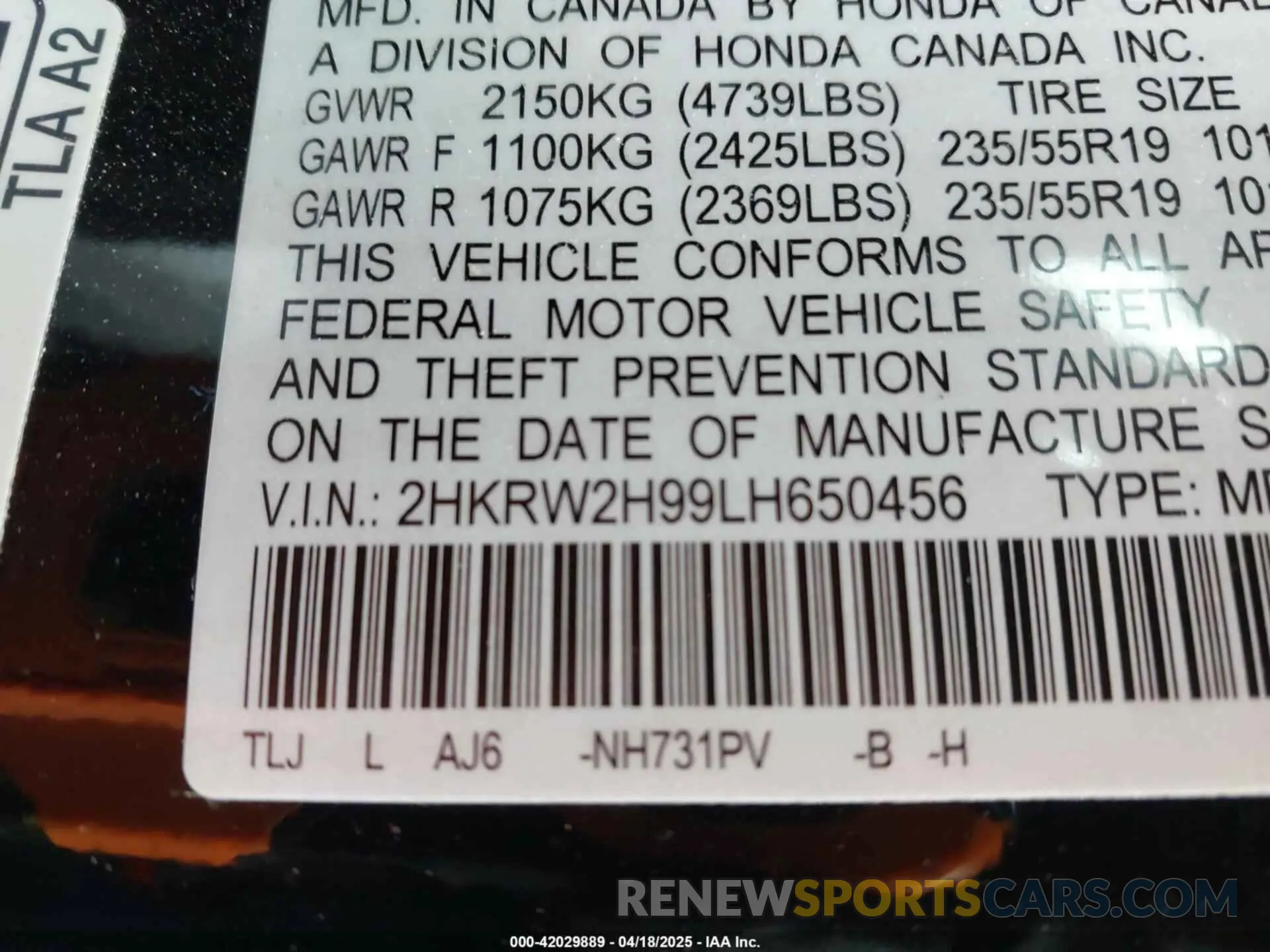 9 Photograph of a damaged car 2HKRW2H99LH650456 HONDA CR-V 2020