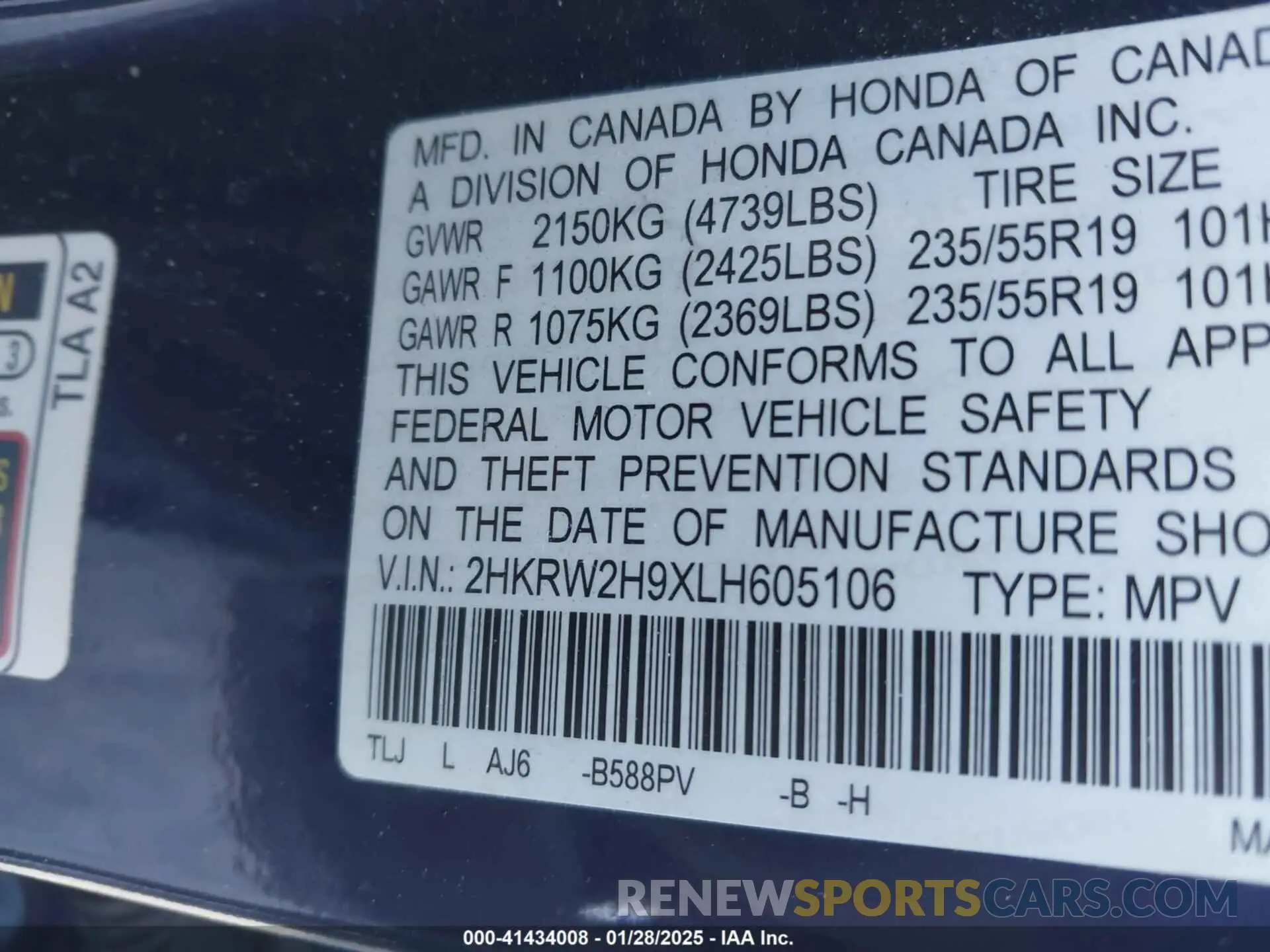 9 Photograph of a damaged car 2HKRW2H9XLH605106 HONDA CR-V 2020