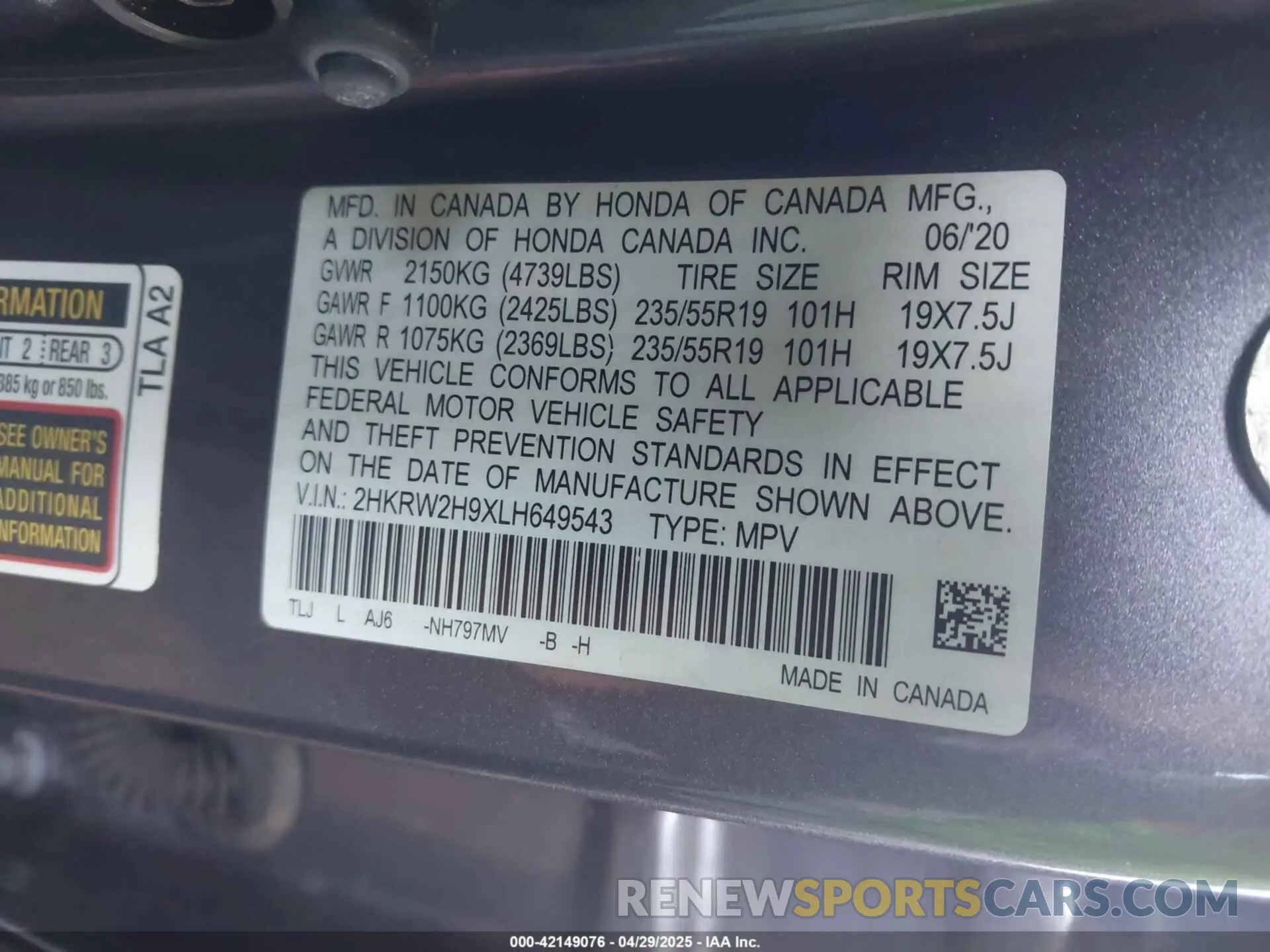 9 Photograph of a damaged car 2HKRW2H9XLH649543 HONDA CR-V 2020