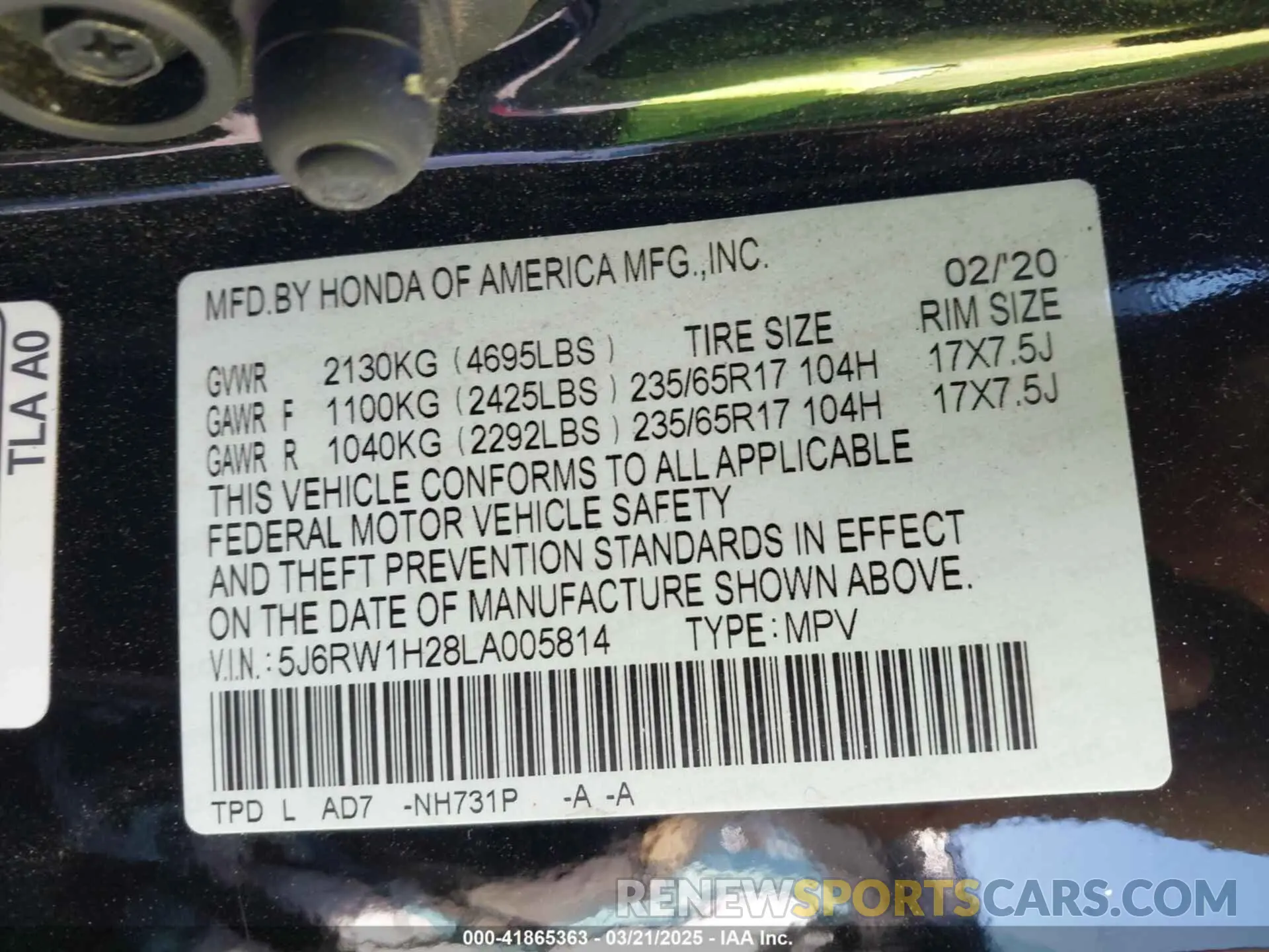 9 Photograph of a damaged car 5J6RW1H28LA005814 HONDA CR-V 2020