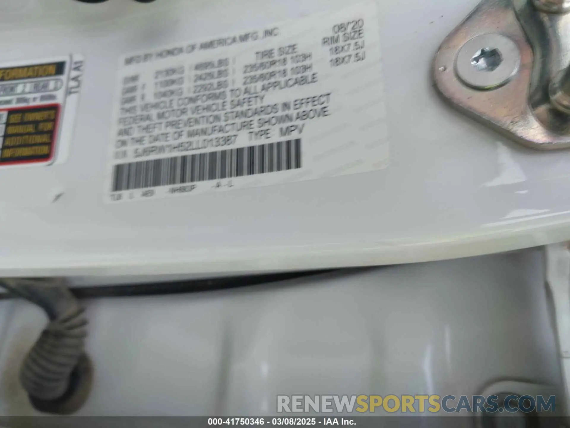 9 Photograph of a damaged car 5J6RW1H52LL013387 HONDA CR-V 2020