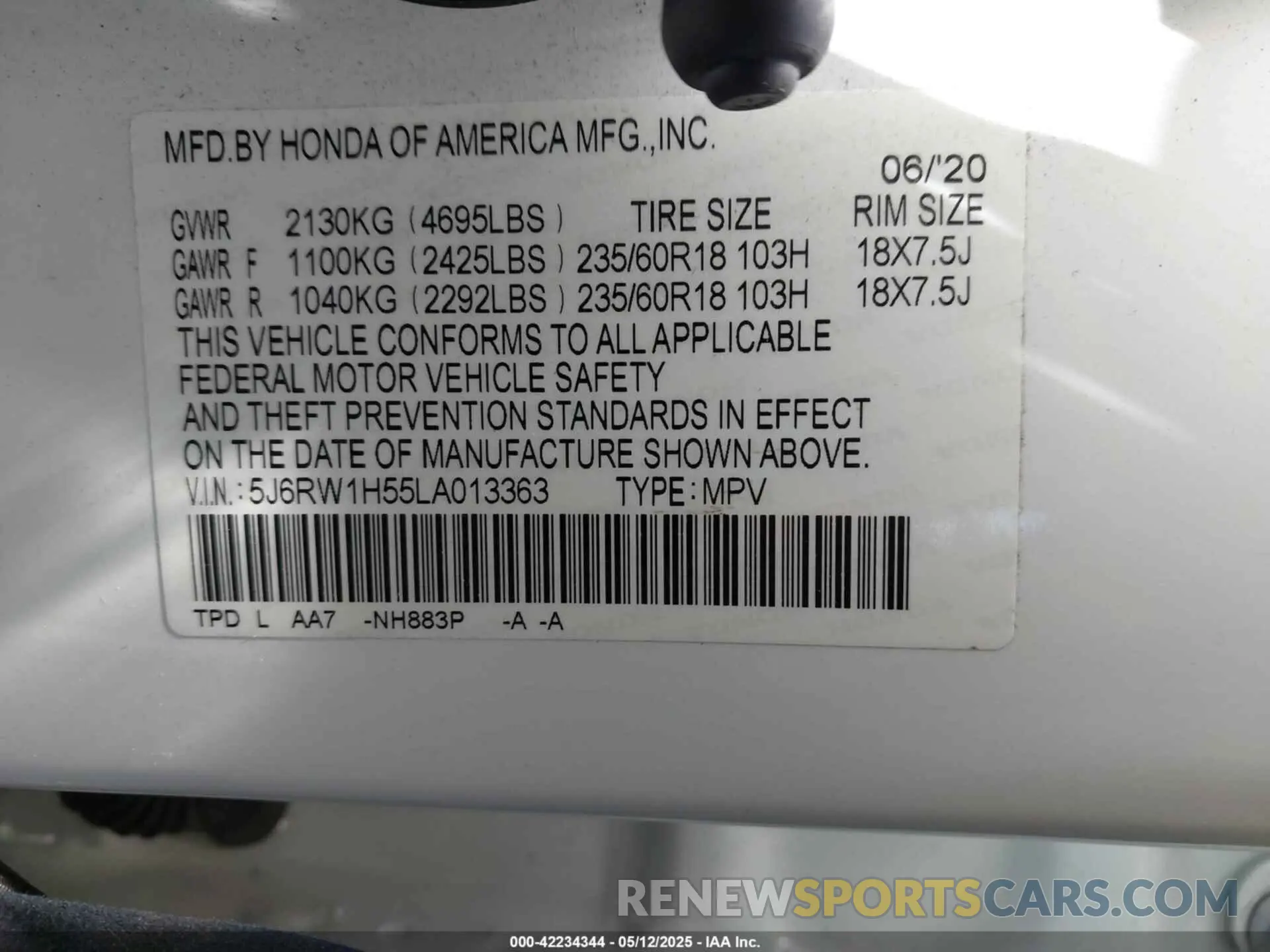 9 Photograph of a damaged car 5J6RW1H55LA013363 HONDA CR-V 2020