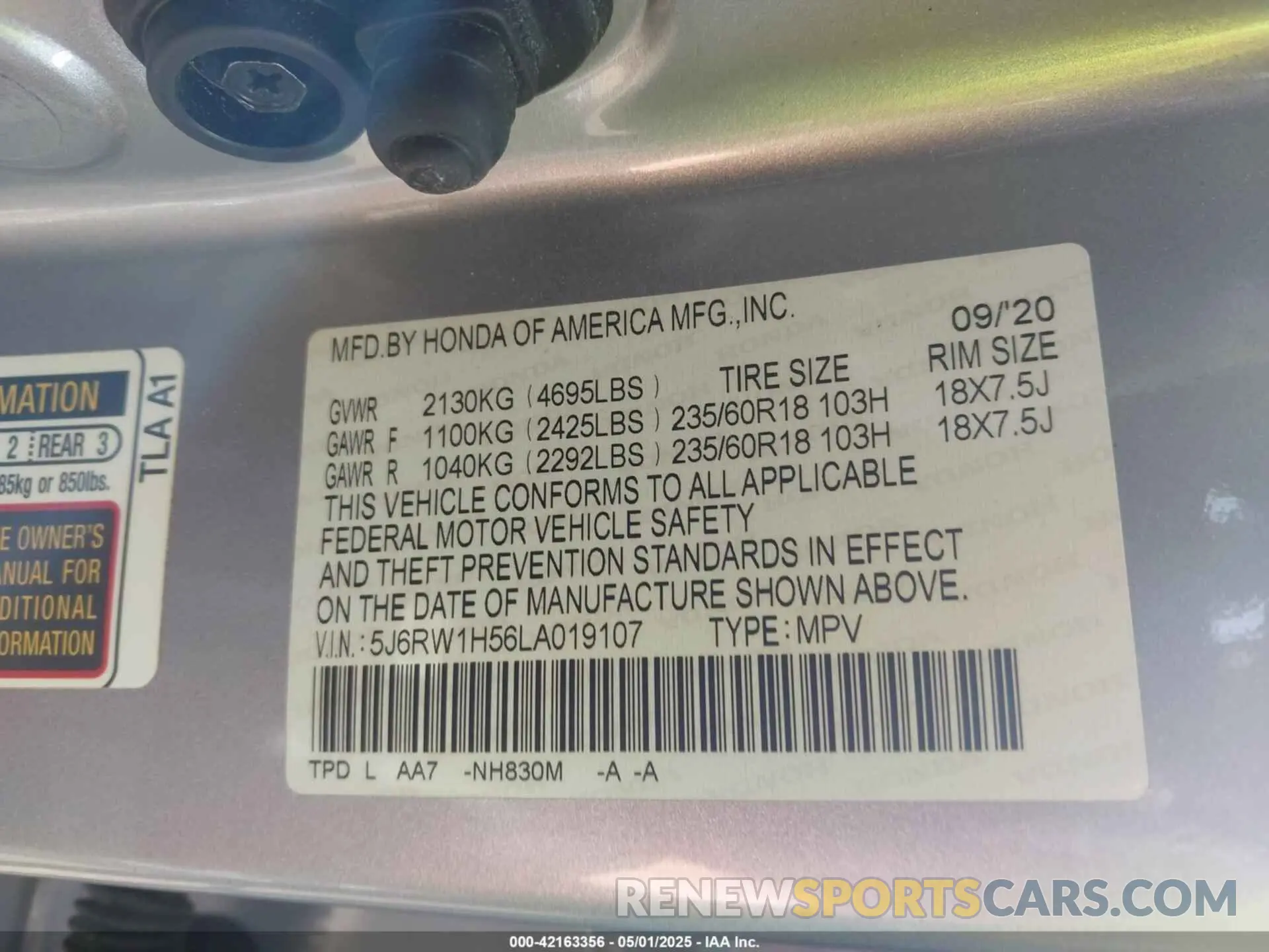 9 Photograph of a damaged car 5J6RW1H56LA019107 HONDA CR-V 2020