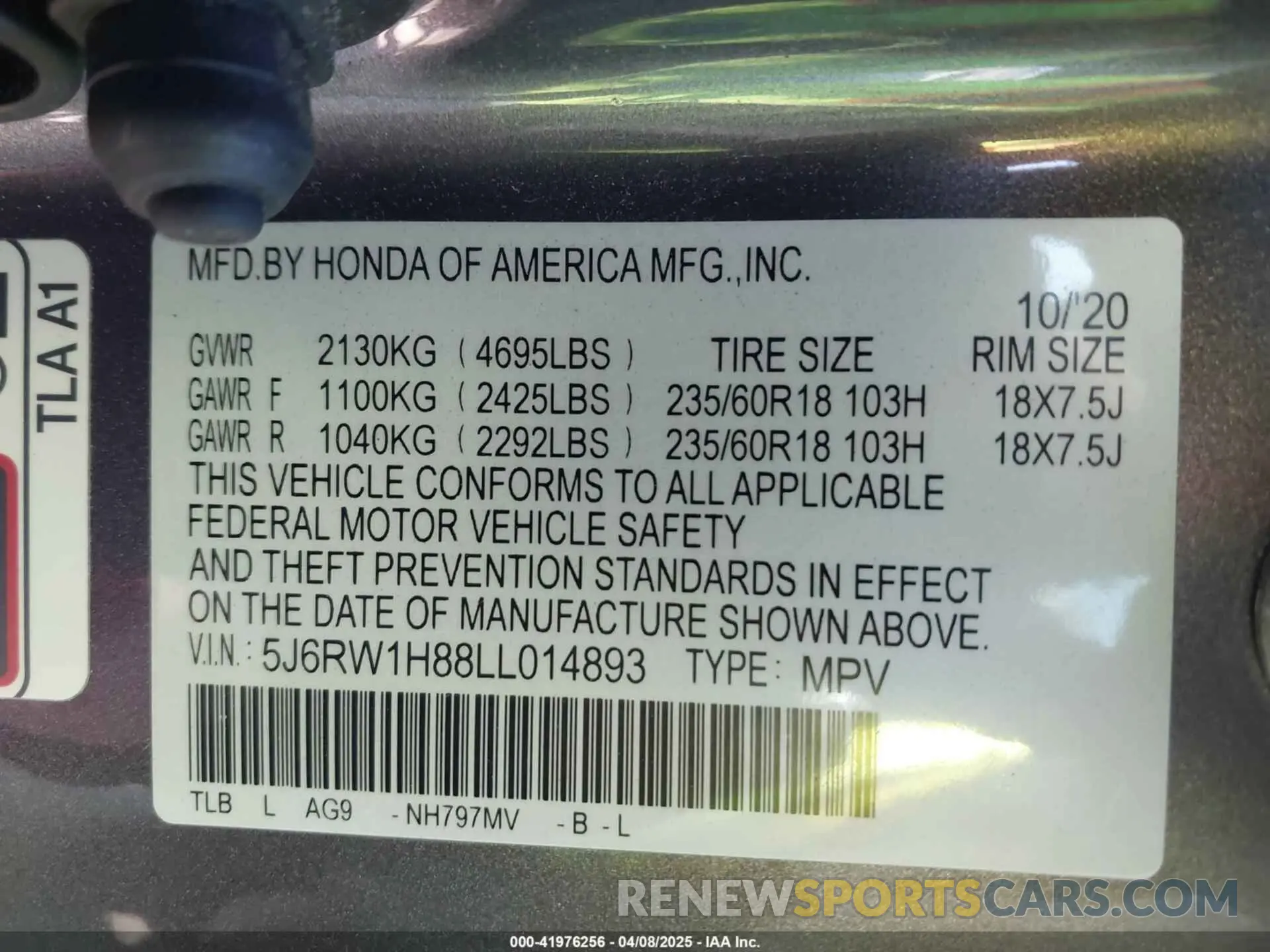 9 Photograph of a damaged car 5J6RW1H88LL014893 HONDA CR-V 2020