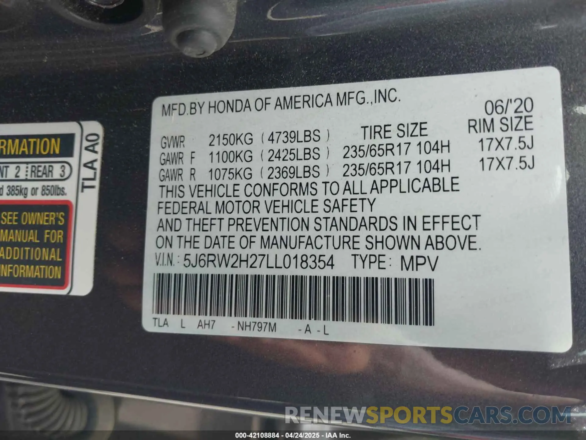 9 Photograph of a damaged car 5J6RW2H27LL018354 HONDA CR-V 2020