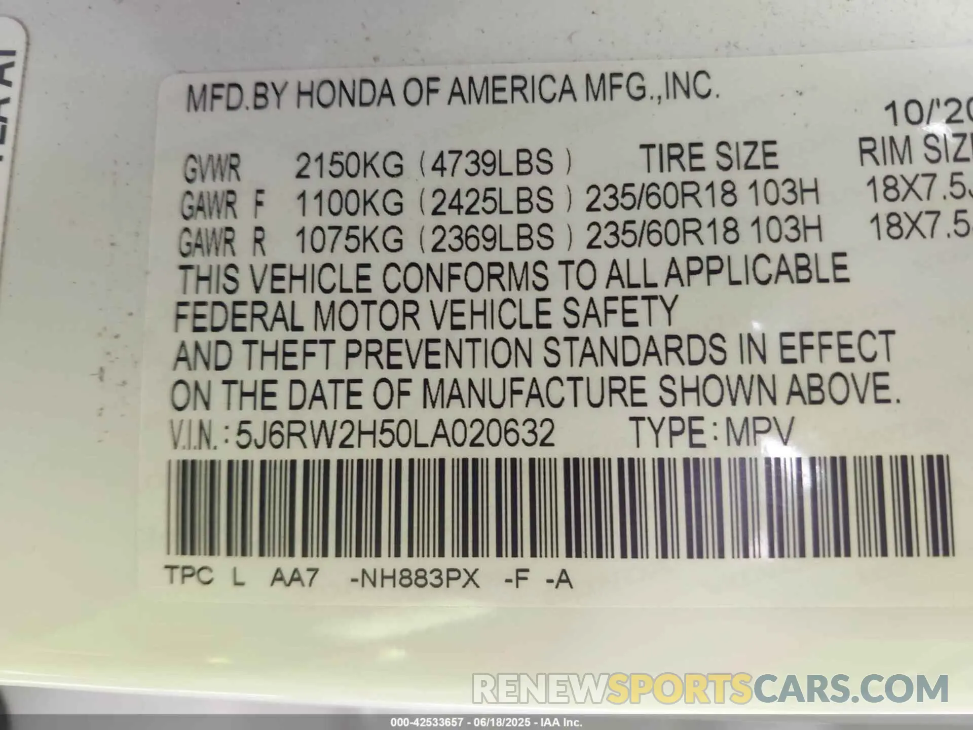9 Photograph of a damaged car 5J6RW2H50LA020632 HONDA CR-V 2020