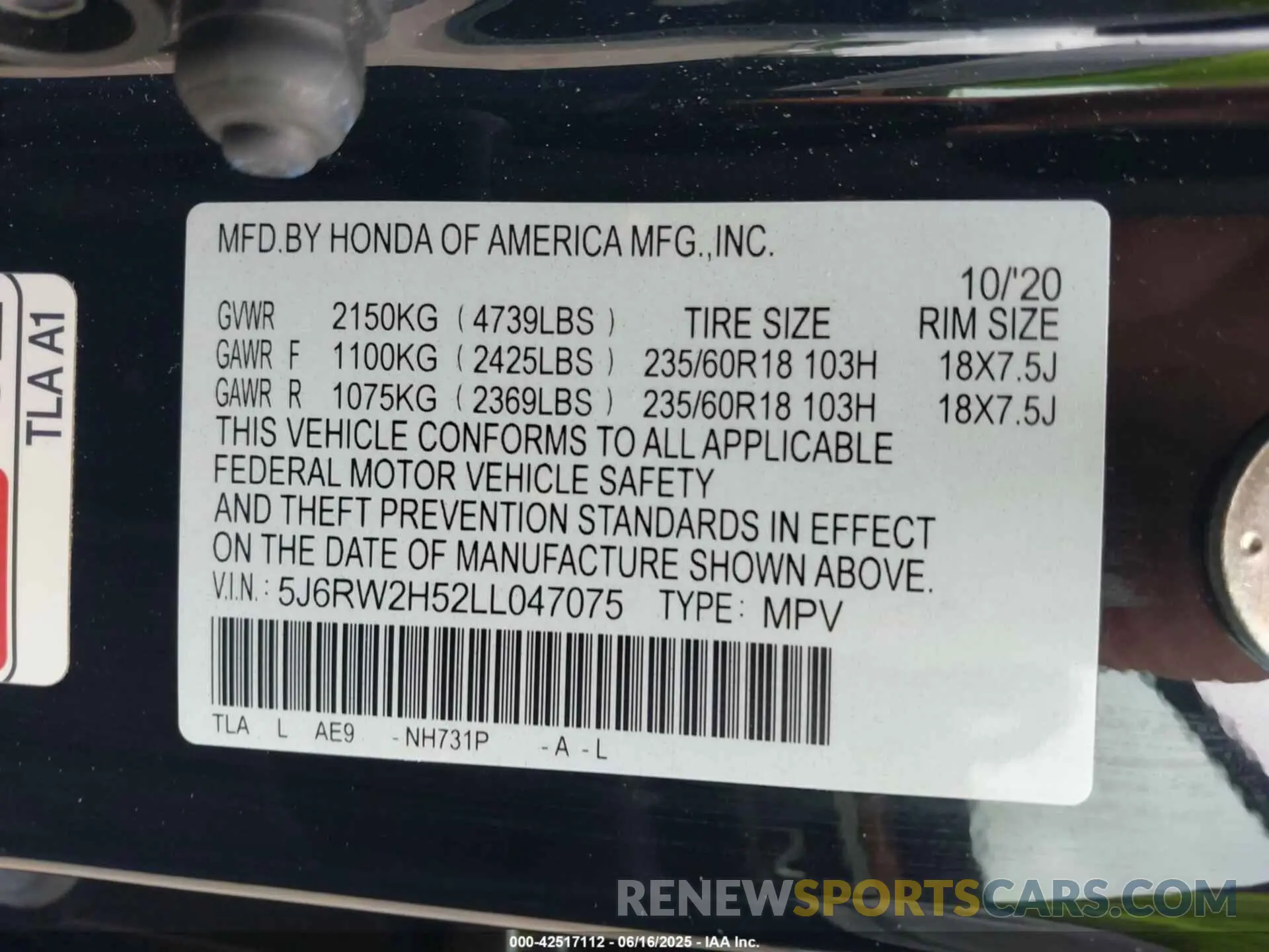 9 Photograph of a damaged car 5J6RW2H52LL047075 HONDA CR-V 2020