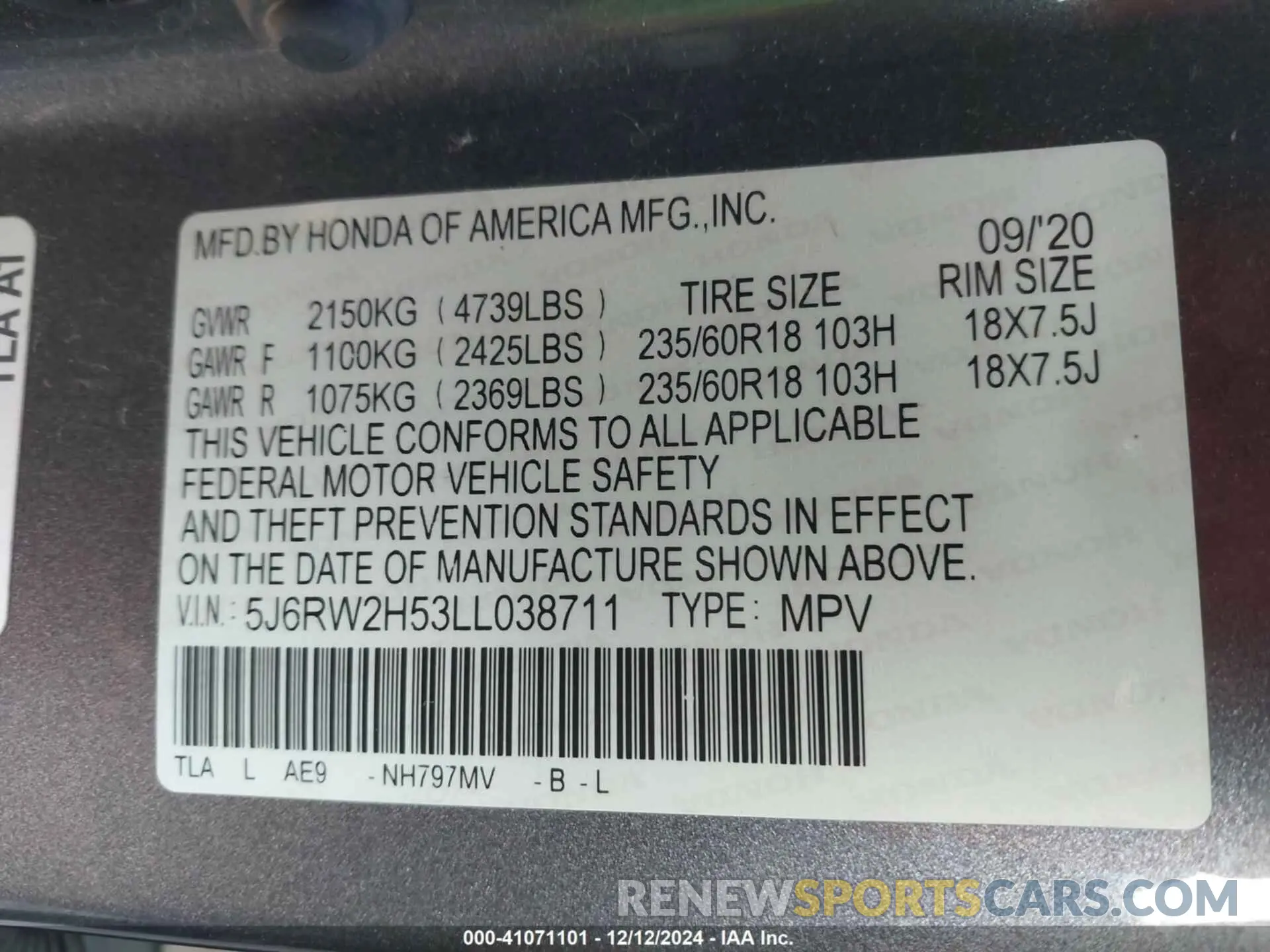 9 Photograph of a damaged car 5J6RW2H53LL038711 HONDA CR-V 2020