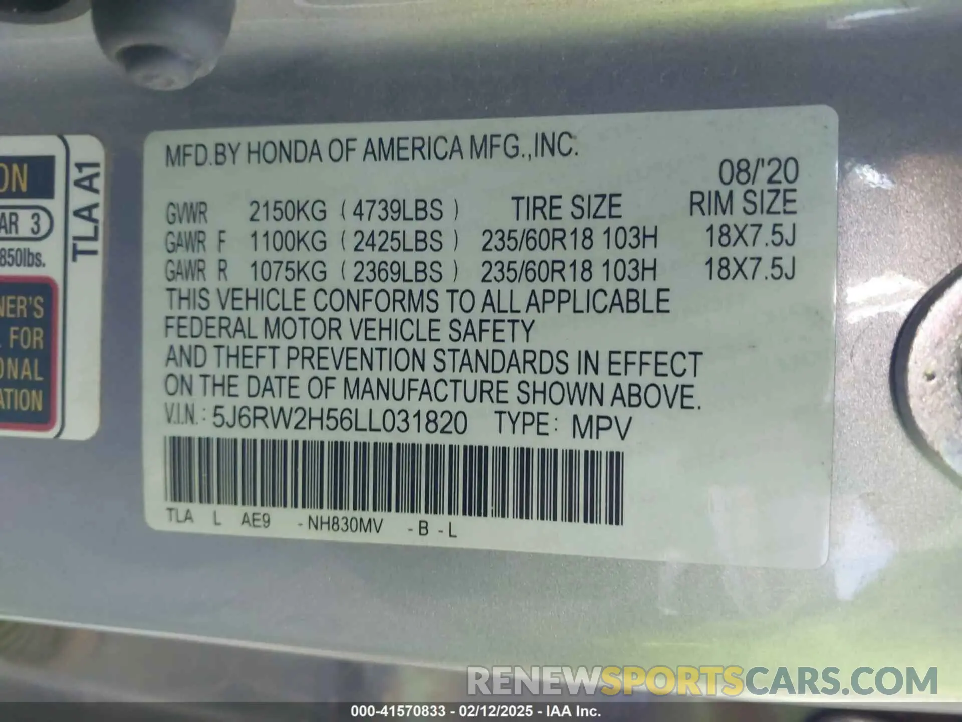 9 Photograph of a damaged car 5J6RW2H56LL031820 HONDA CR-V 2020