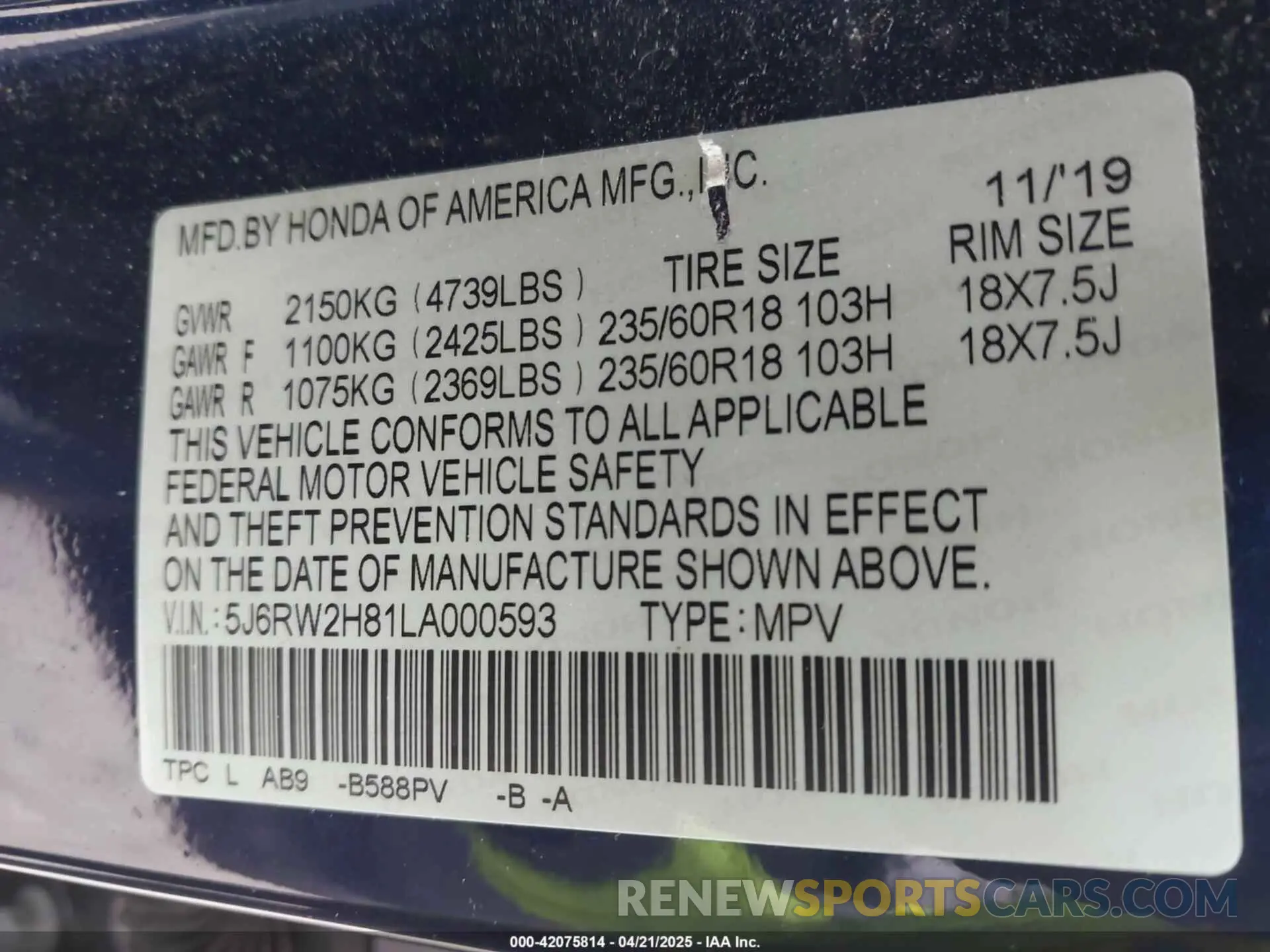 9 Photograph of a damaged car 5J6RW2H81LA000593 HONDA CR-V 2020