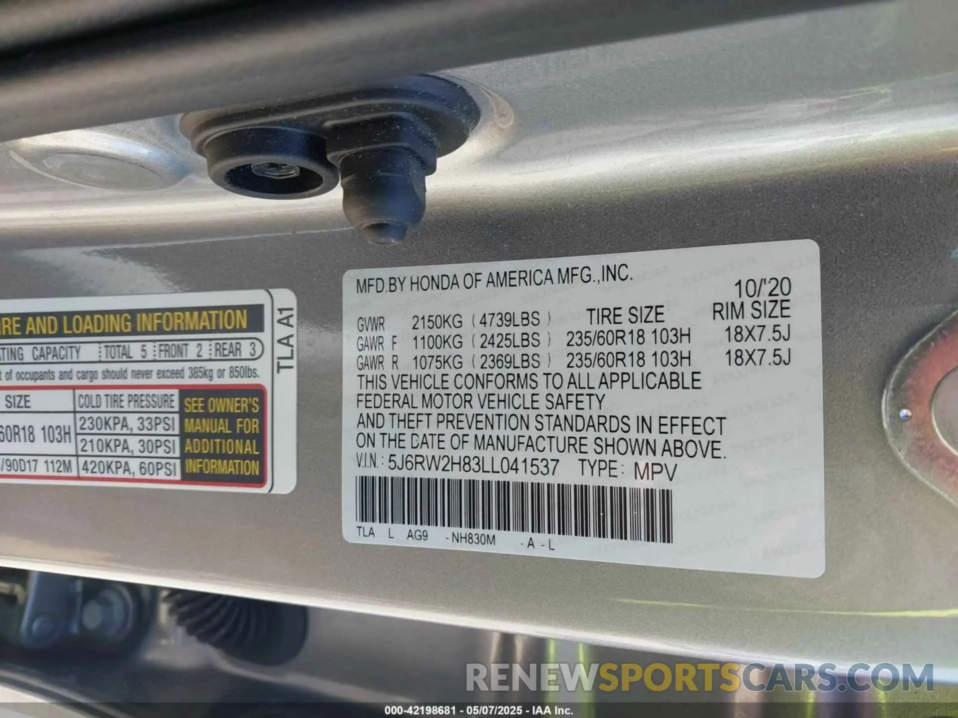 9 Photograph of a damaged car 5J6RW2H83LL041537 HONDA CR-V 2020
