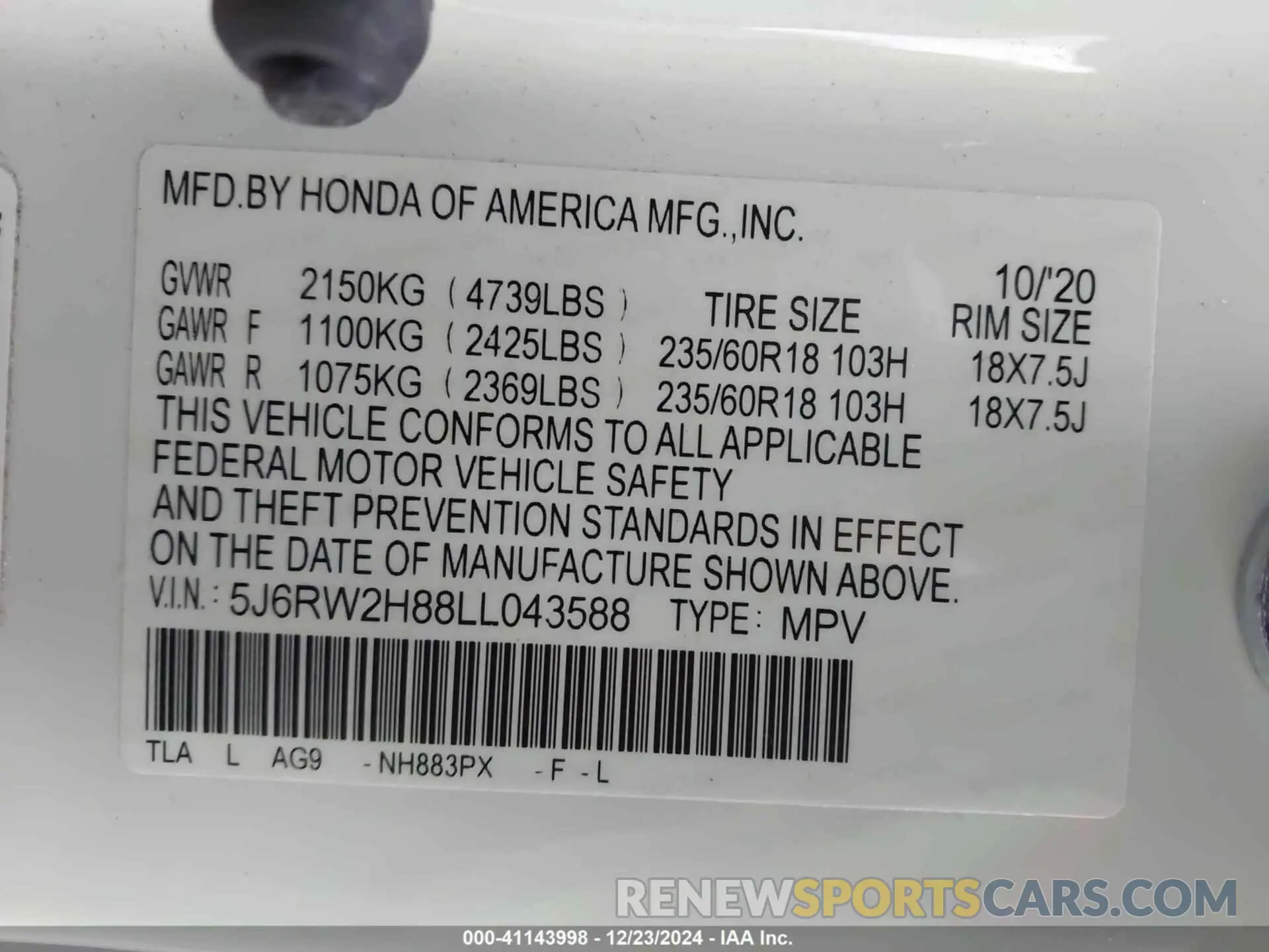 9 Photograph of a damaged car 5J6RW2H88LL043588 HONDA CR-V 2020