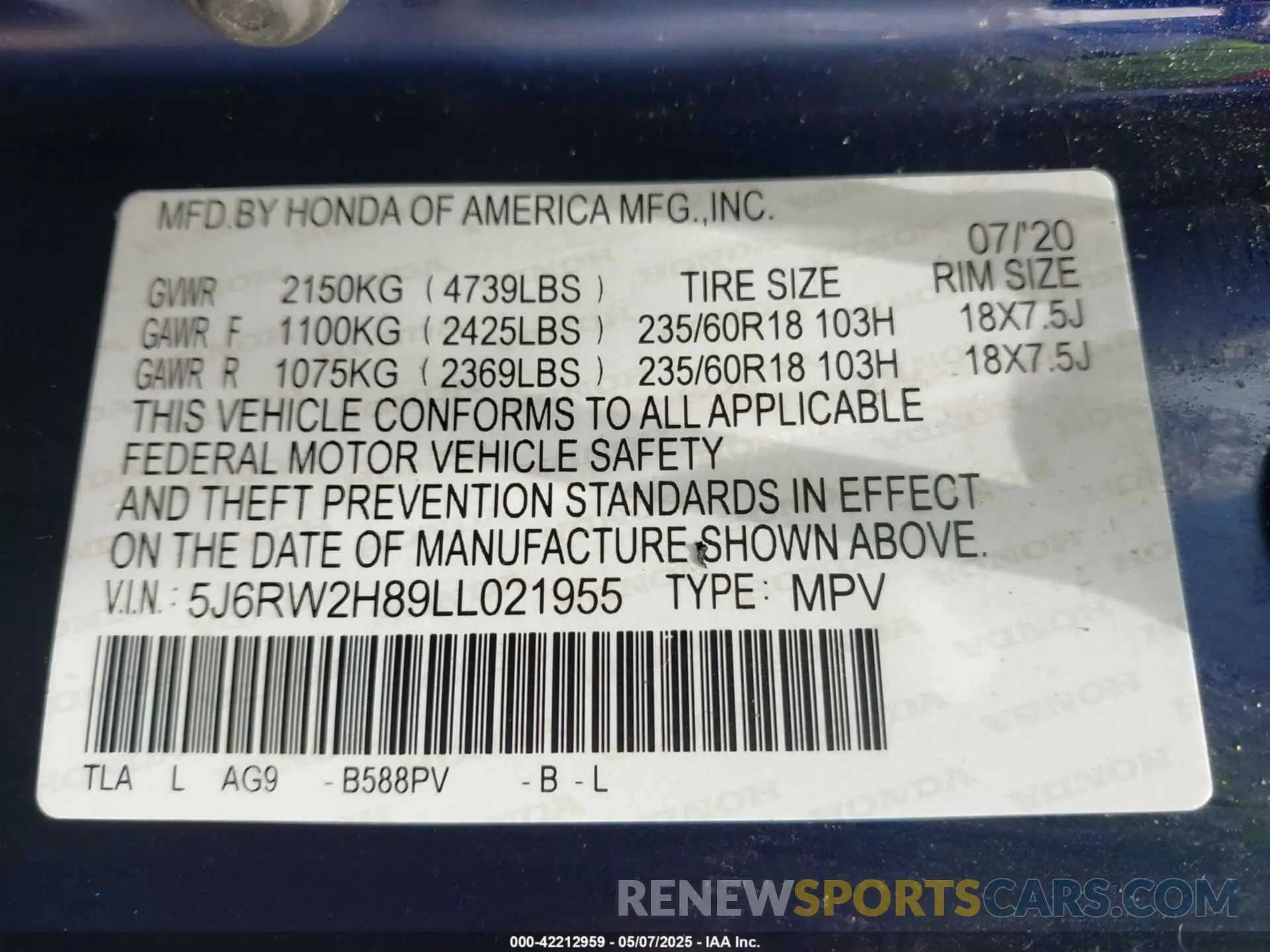 9 Photograph of a damaged car 5J6RW2H89LL021955 HONDA CR-V 2020