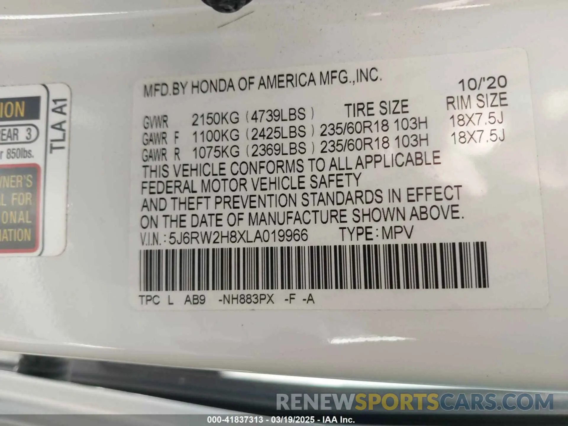 9 Photograph of a damaged car 5J6RW2H8XLA019966 HONDA CR-V 2020