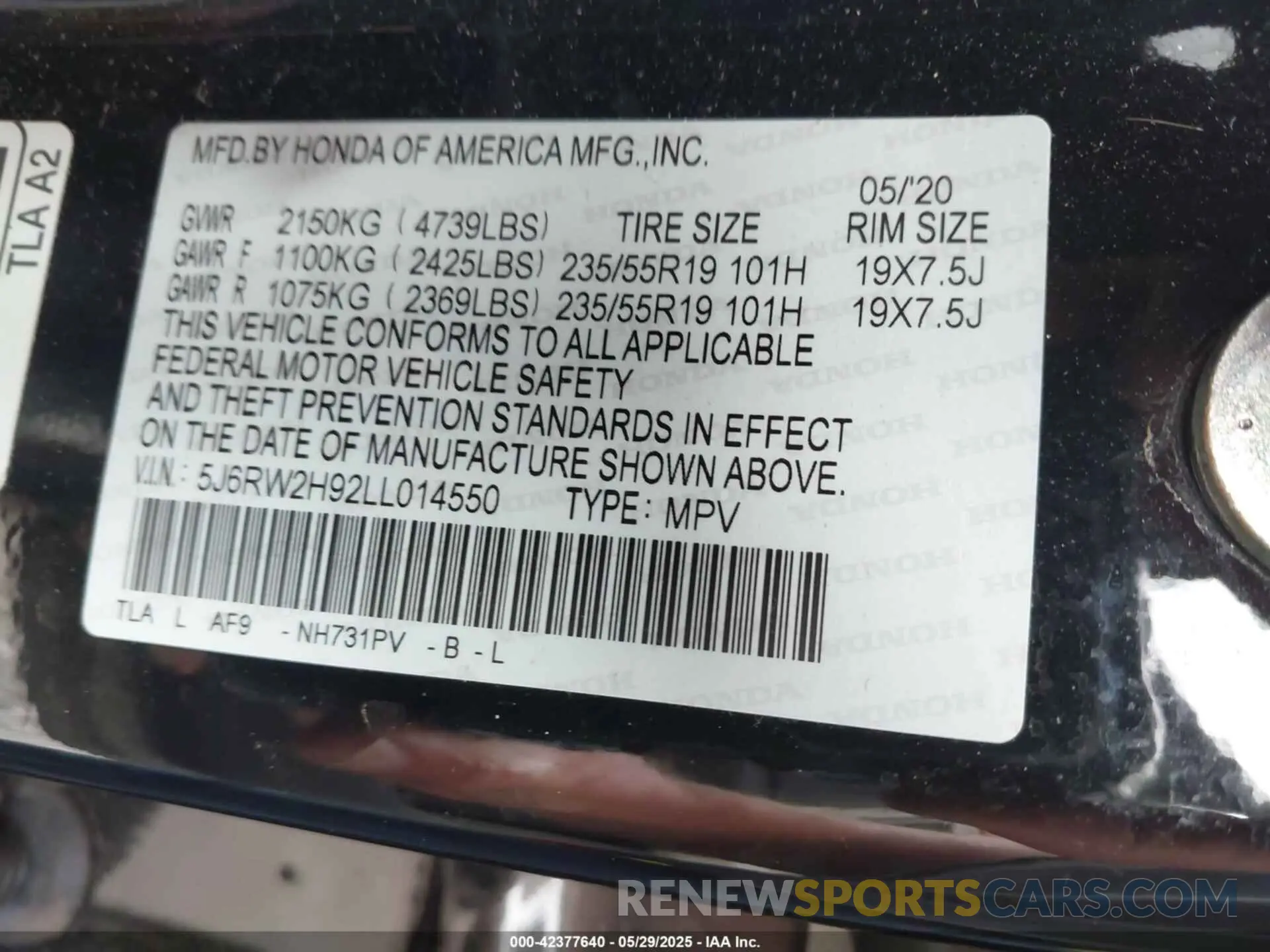 9 Photograph of a damaged car 5J6RW2H92LL014550 HONDA CR-V 2020