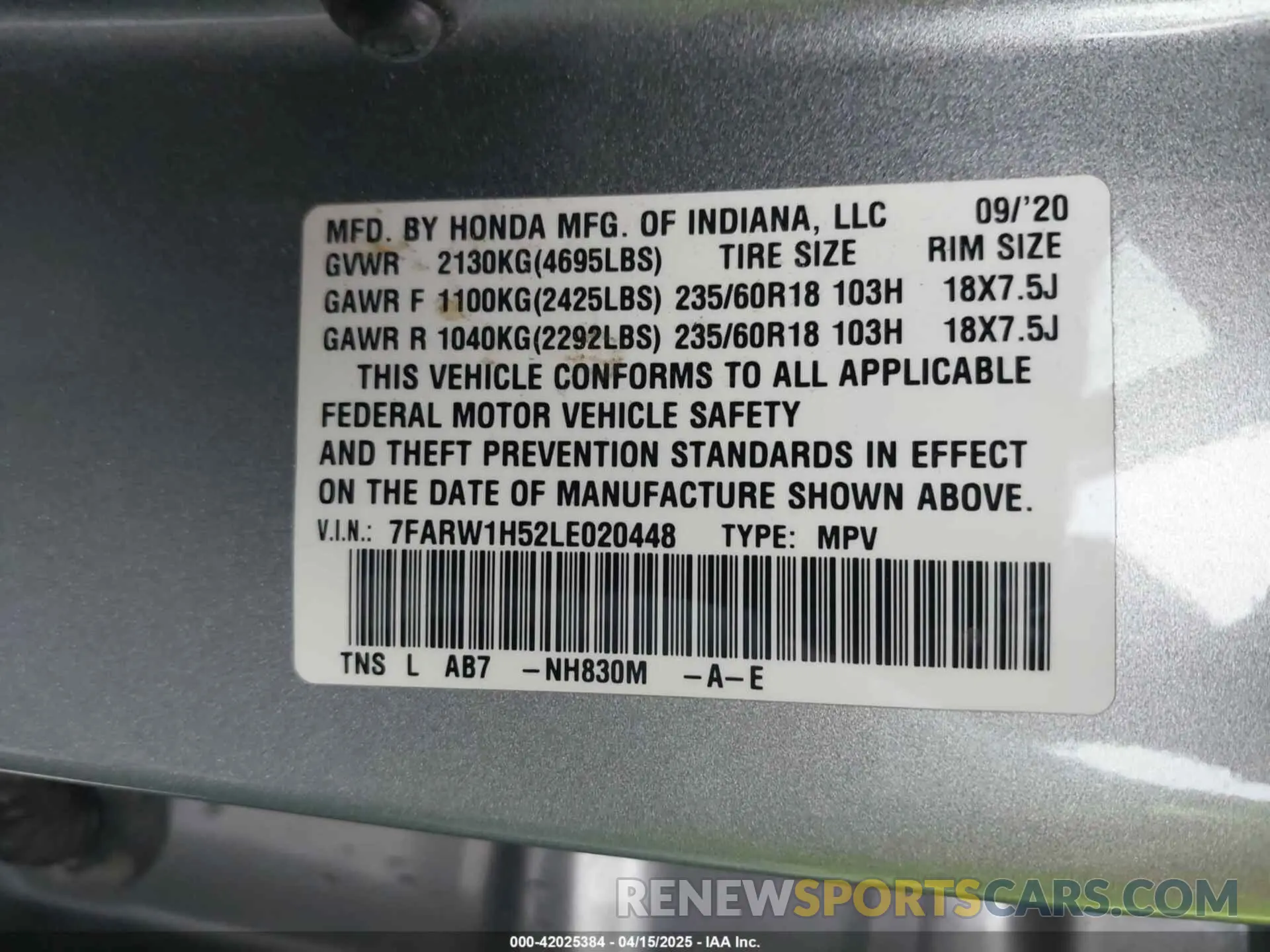 9 Photograph of a damaged car 7FARW1H52LE020448 HONDA CR-V 2020