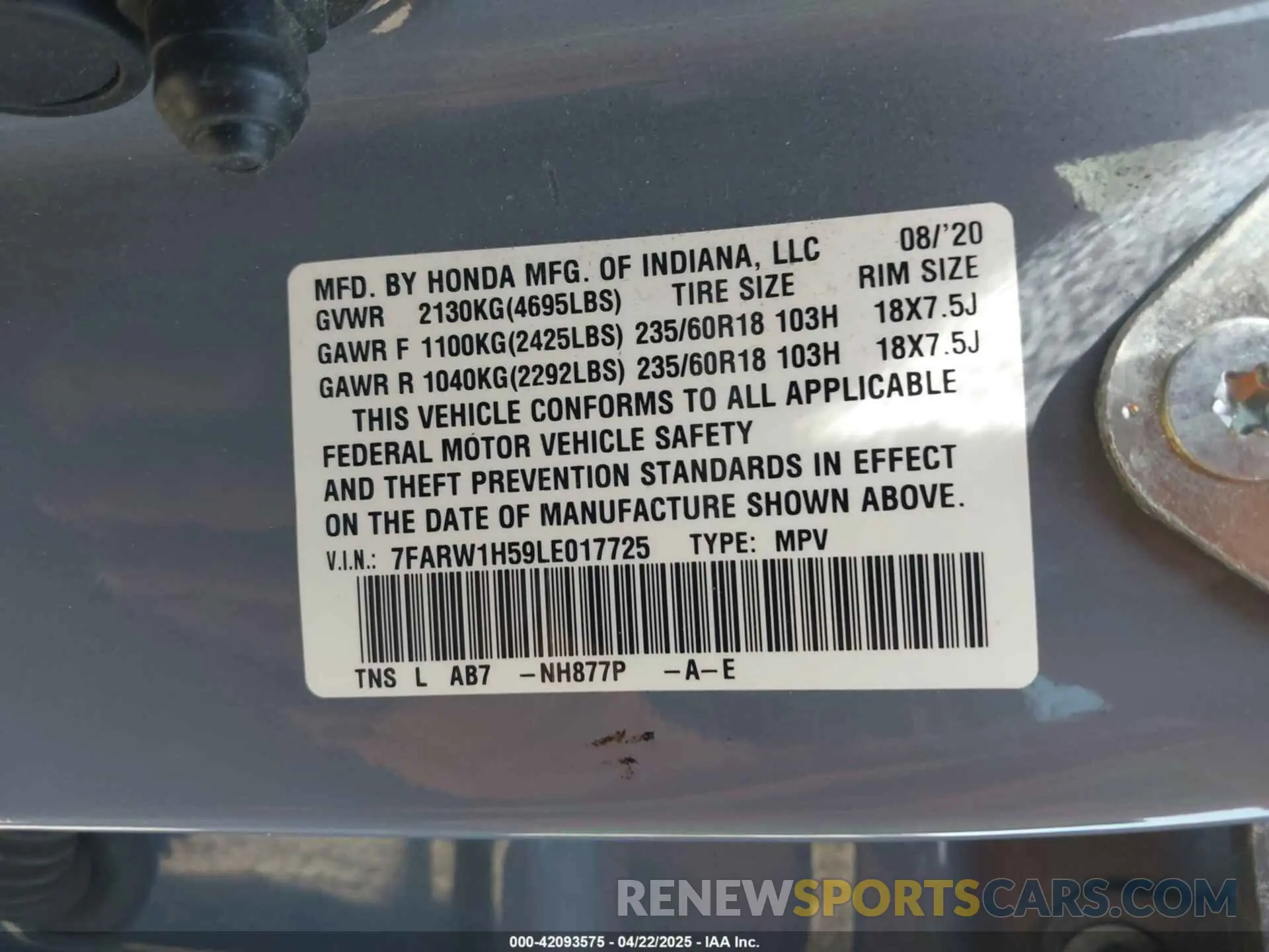 9 Photograph of a damaged car 7FARW1H59LE017725 HONDA CR-V 2020