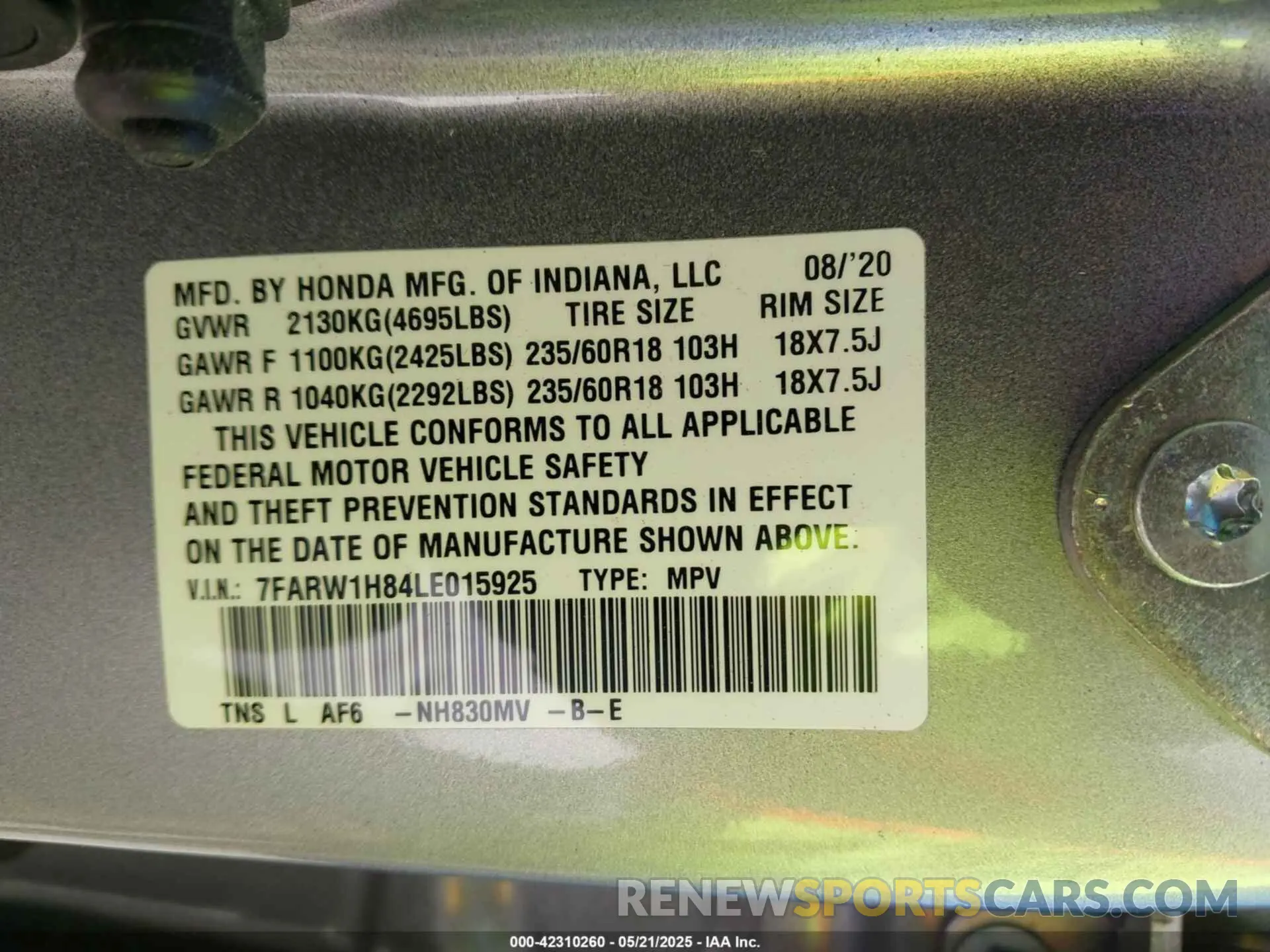 9 Photograph of a damaged car 7FARW1H84LE015925 HONDA CR-V 2020