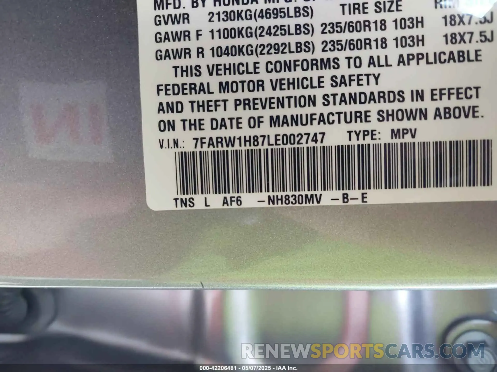 9 Photograph of a damaged car 7FARW1H87LE002747 HONDA CR-V 2020