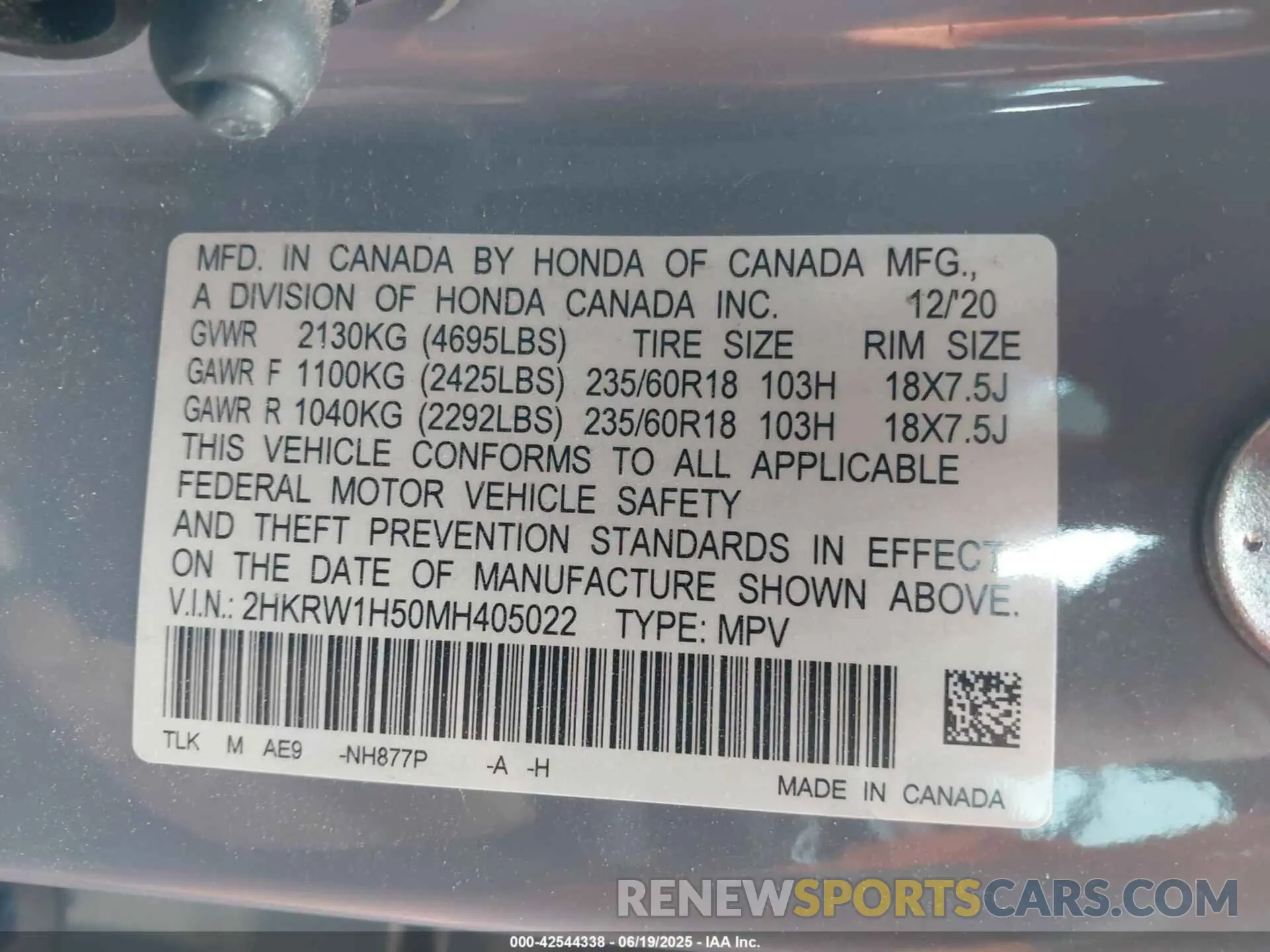 9 Photograph of a damaged car 2HKRW1H50MH405022 HONDA CR-V 2021