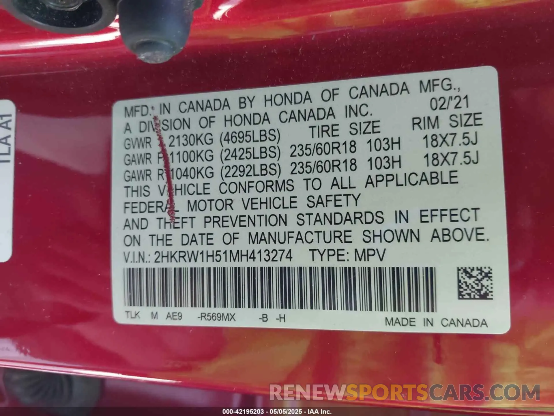 9 Photograph of a damaged car 2HKRW1H51MH413274 HONDA CR-V 2021