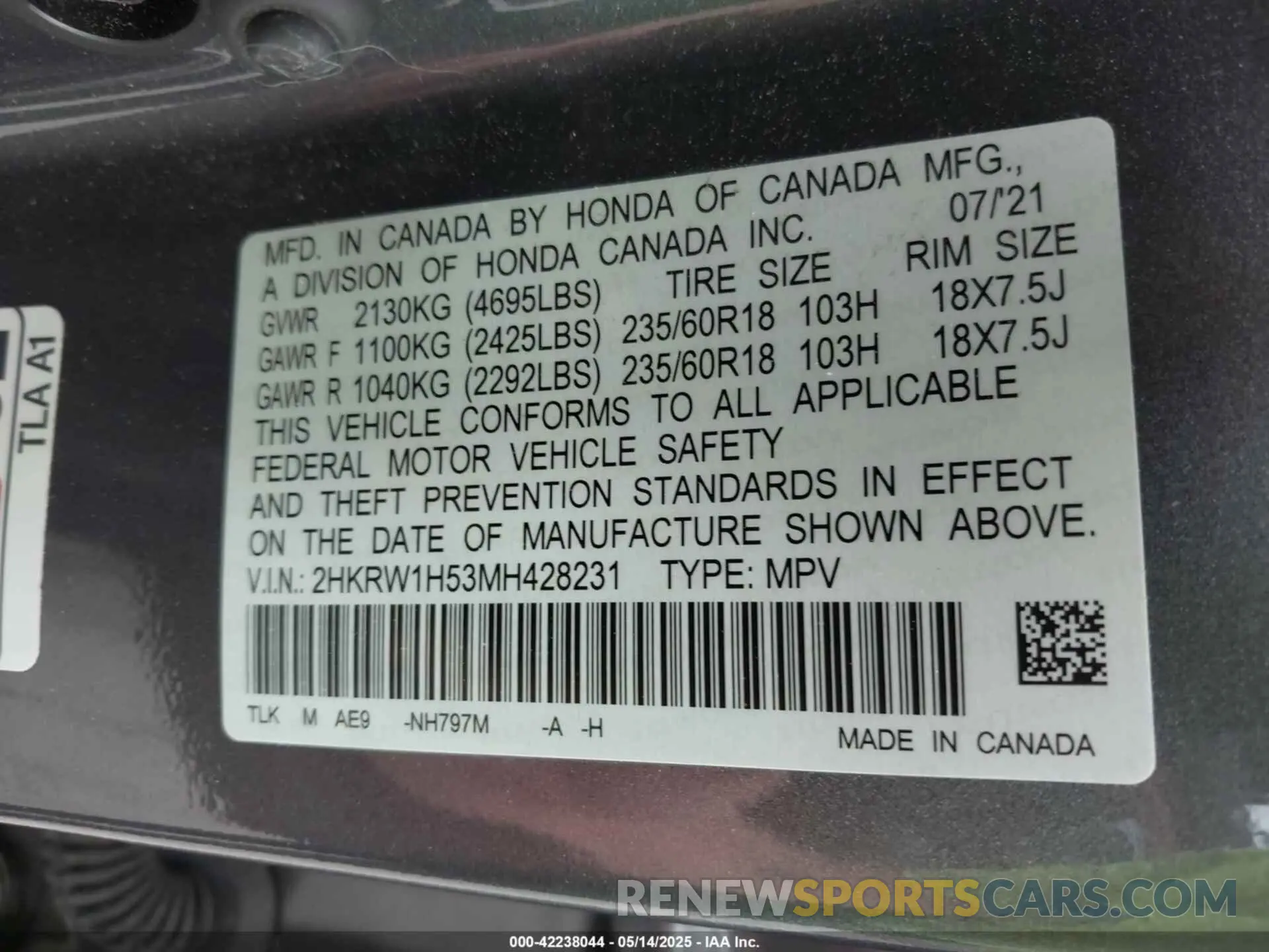 9 Photograph of a damaged car 2HKRW1H53MH428231 HONDA CR-V 2021