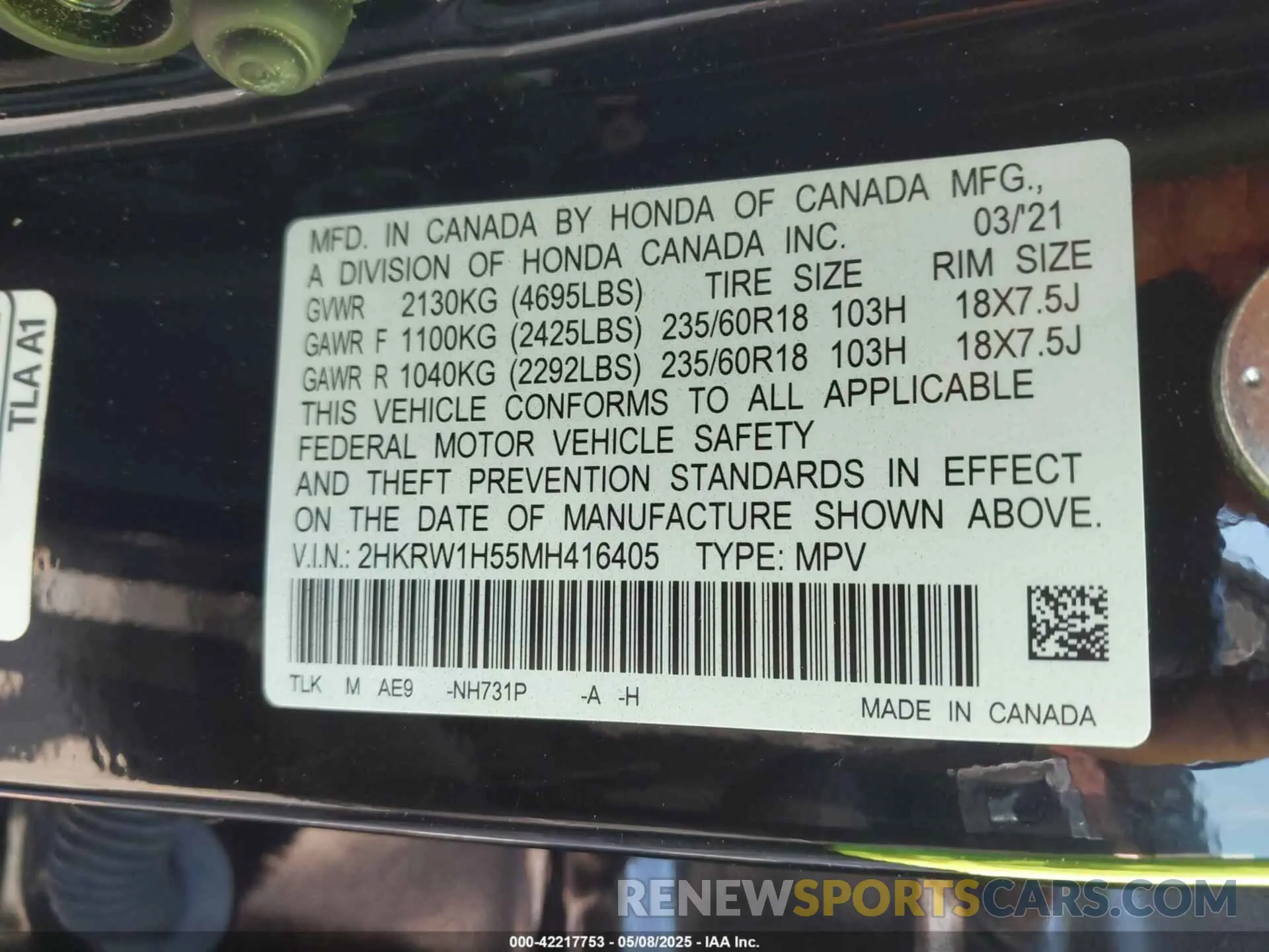 9 Photograph of a damaged car 2HKRW1H55MH416405 HONDA CR-V 2021