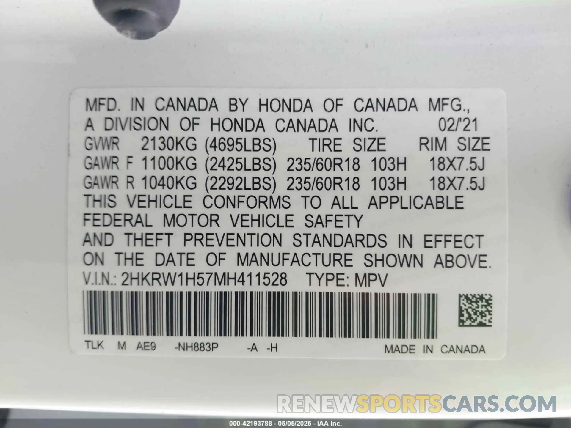 9 Photograph of a damaged car 2HKRW1H57MH411528 HONDA CR-V 2021