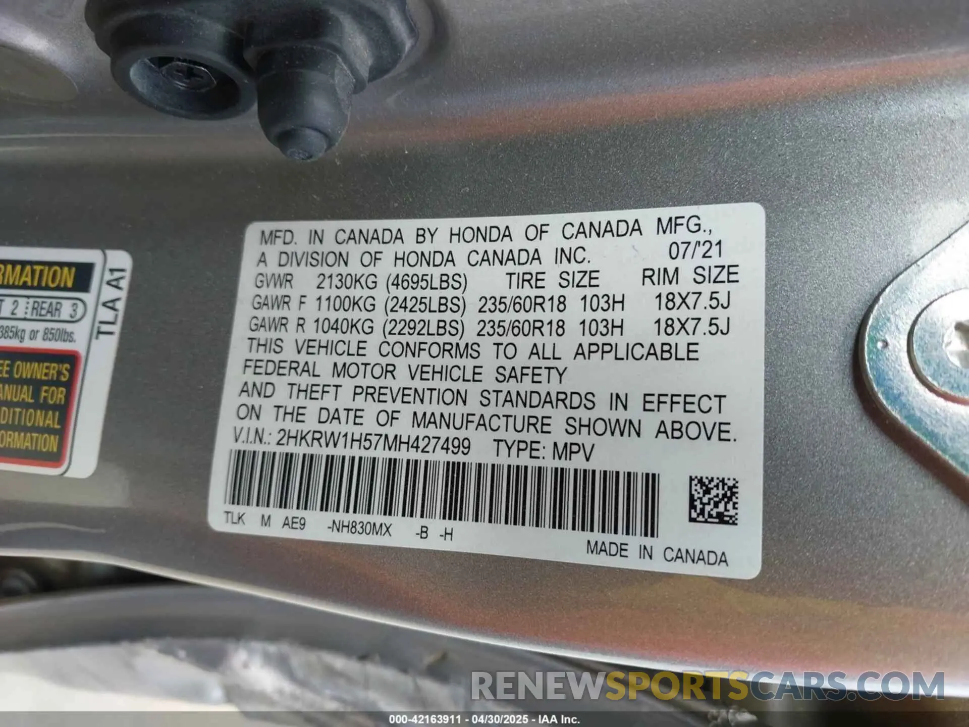 9 Photograph of a damaged car 2HKRW1H57MH427499 HONDA CR-V 2021