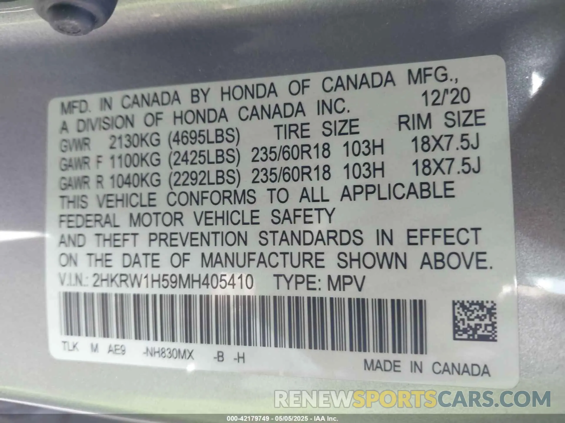 9 Photograph of a damaged car 2HKRW1H59MH405410 HONDA CR-V 2021