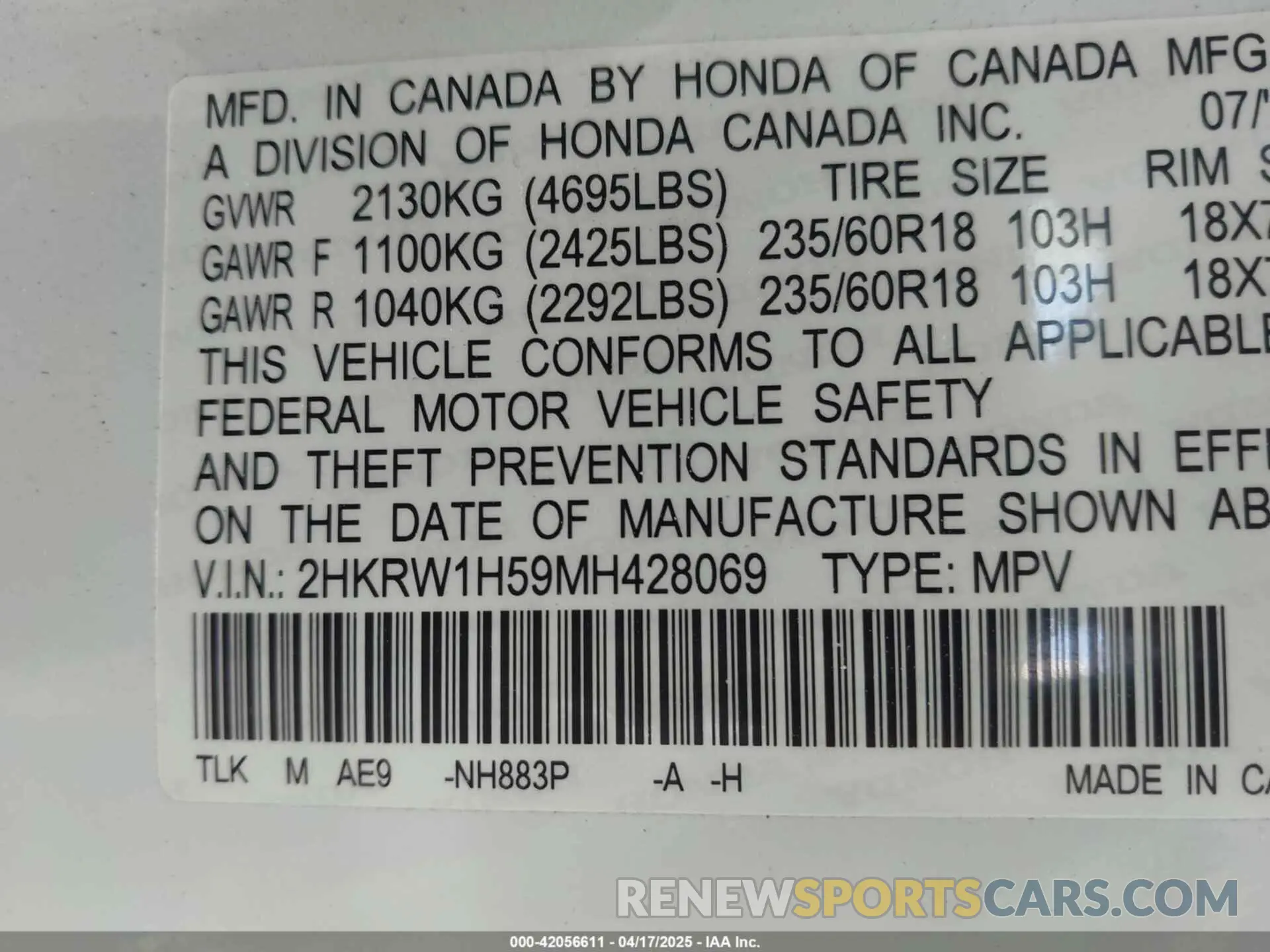 9 Photograph of a damaged car 2HKRW1H59MH428069 HONDA CR-V 2021