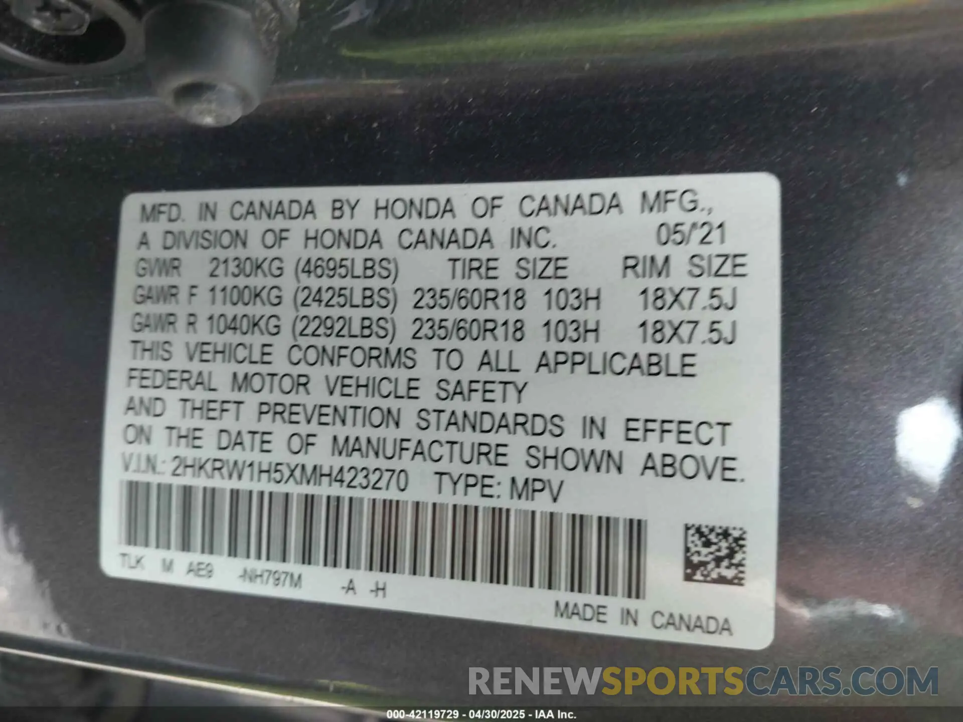 9 Photograph of a damaged car 2HKRW1H5XMH423270 HONDA CR-V 2021